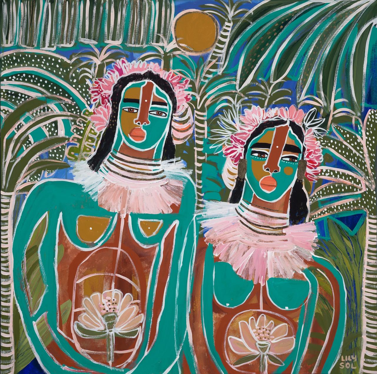 Figurative Painting Lily Sol - "Blooming Together" peinture à l'huile contemporaine de femmes à la peau peinte en sarcelle.