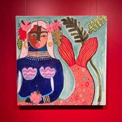 "Blue Siren" colorful contemporary oil painting of a mermaid with flowers