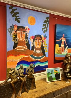 "Jungle Sol Sisters II" mixed media portrait of women, flowers, blue background