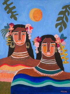 "Jungle Sol Sisters II" mixed media portrait of women, flowers, blue background