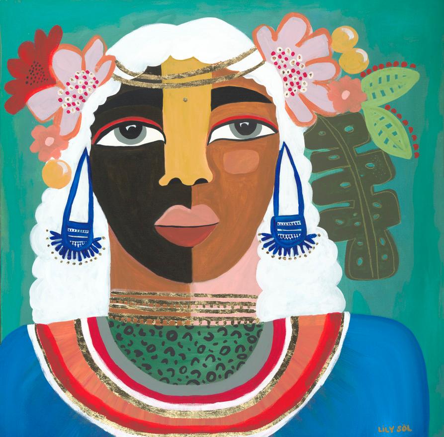 Lily Sol Abstract Painting - "Wisdom" Contemporary portrait of black woman with white hair and floral crown. 