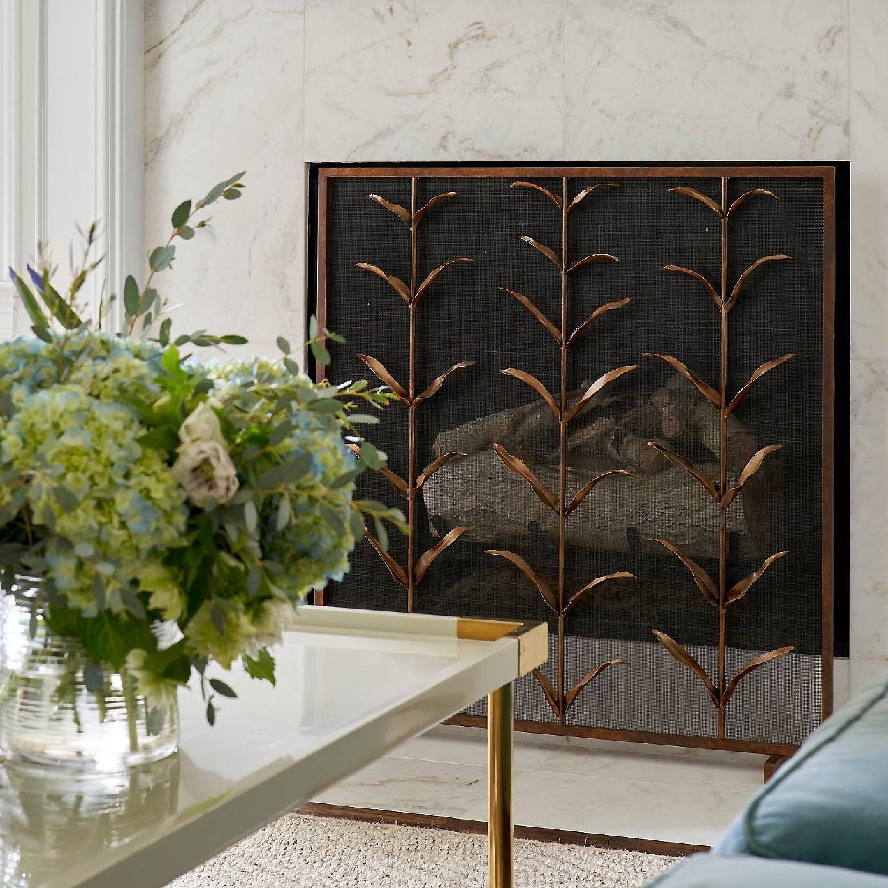 Contemporary Lily Stems Fireplace Screen in Aged Gold For Sale