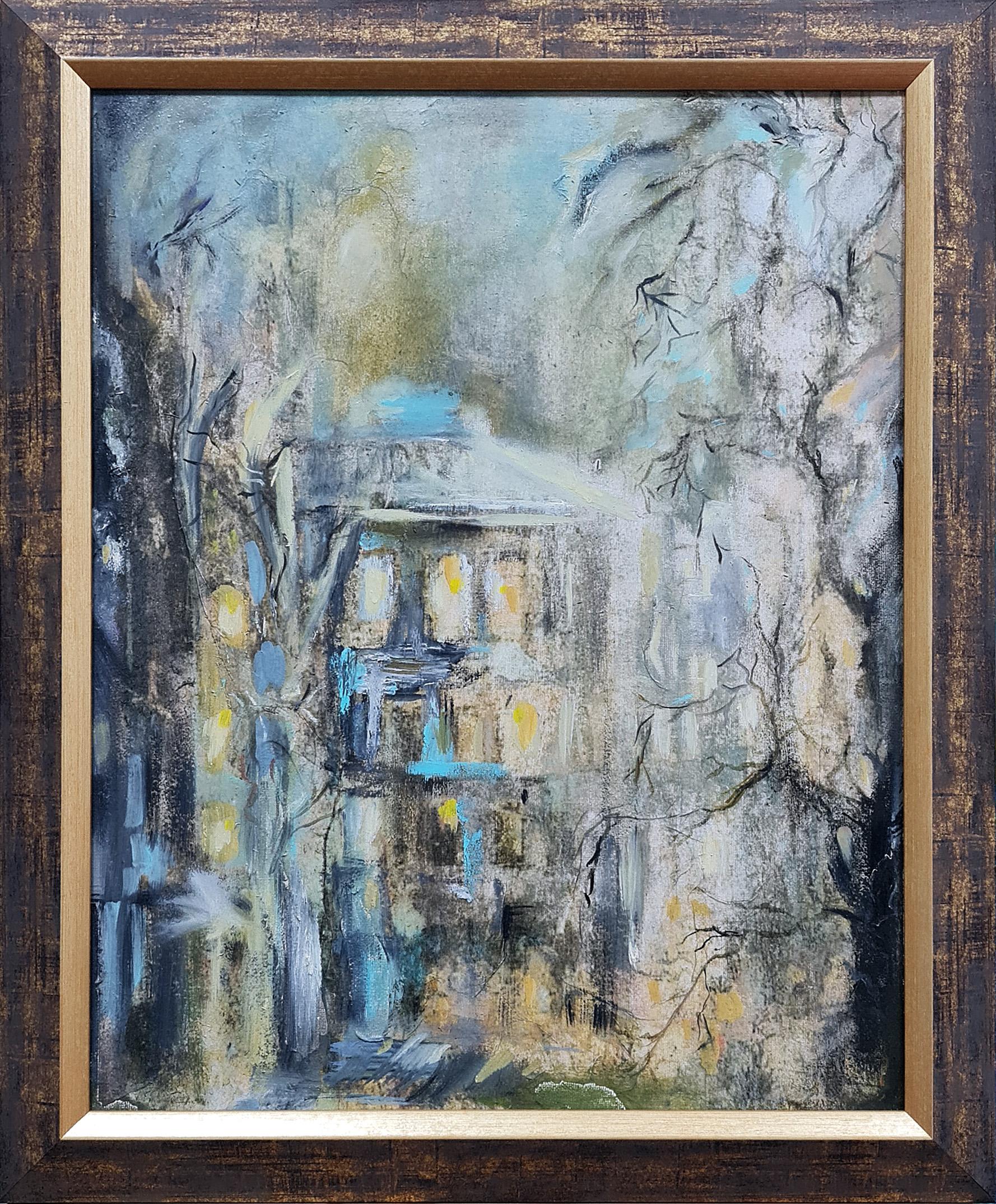 The paintings are drawn with oil on the canvas.
The simple attractiveness of run-down apartments.
The scene in the winter is radiant with light. An ancient tree in front of the residence. It is identical to the house. Large, sweet, and incredibly