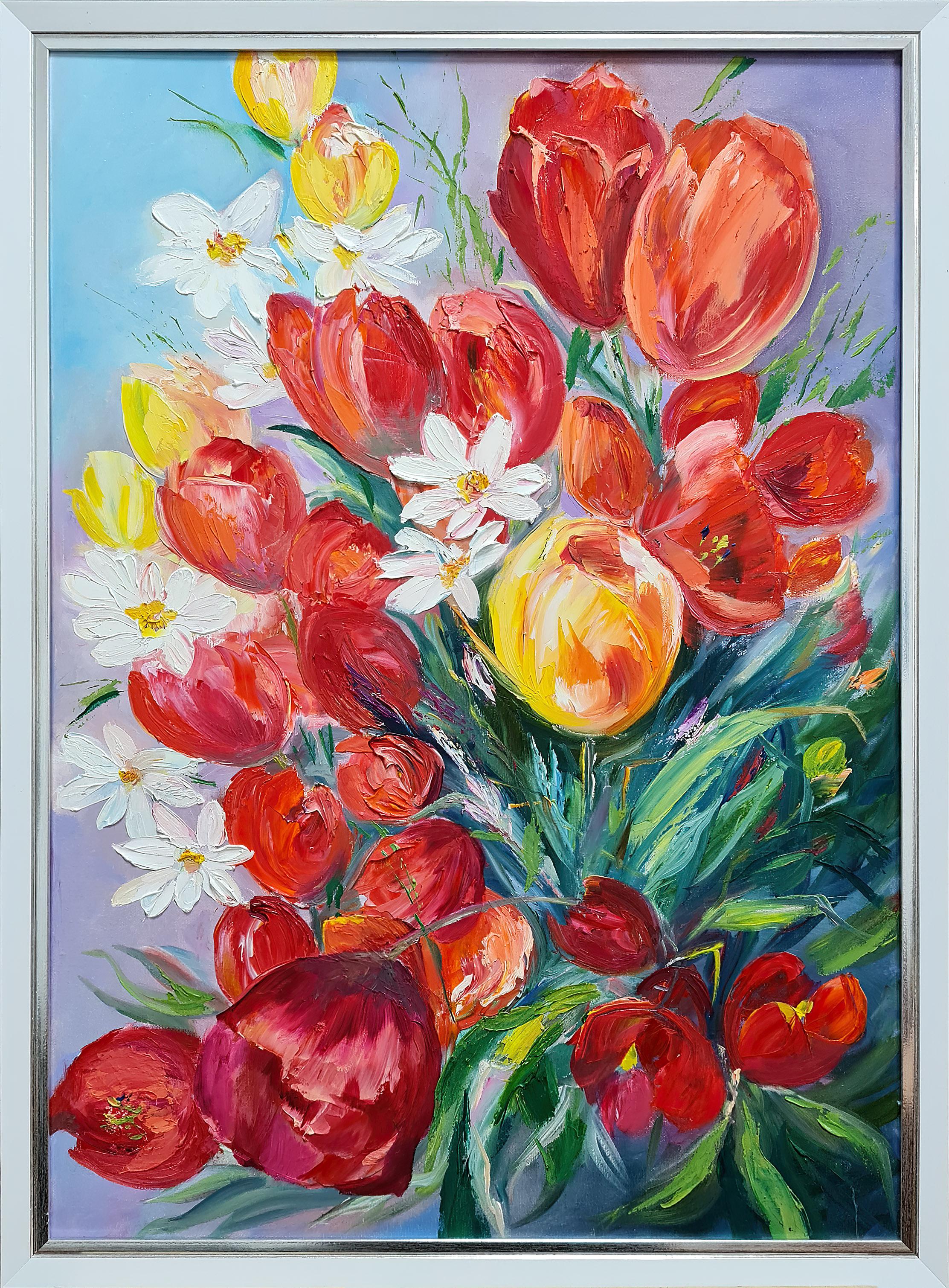 The paintings are drawn with oil on the canvas with stretcher.
The baguette frame for this painting is selected from the baguette collection of 2024. It will be a gift for the buyer.
A happy and prosperous holiday to you. Daffodils and tulips in a