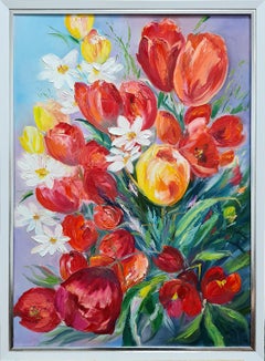 "A bright holiday bouquet of tulips" Oil Painting by Volskaya Lilya