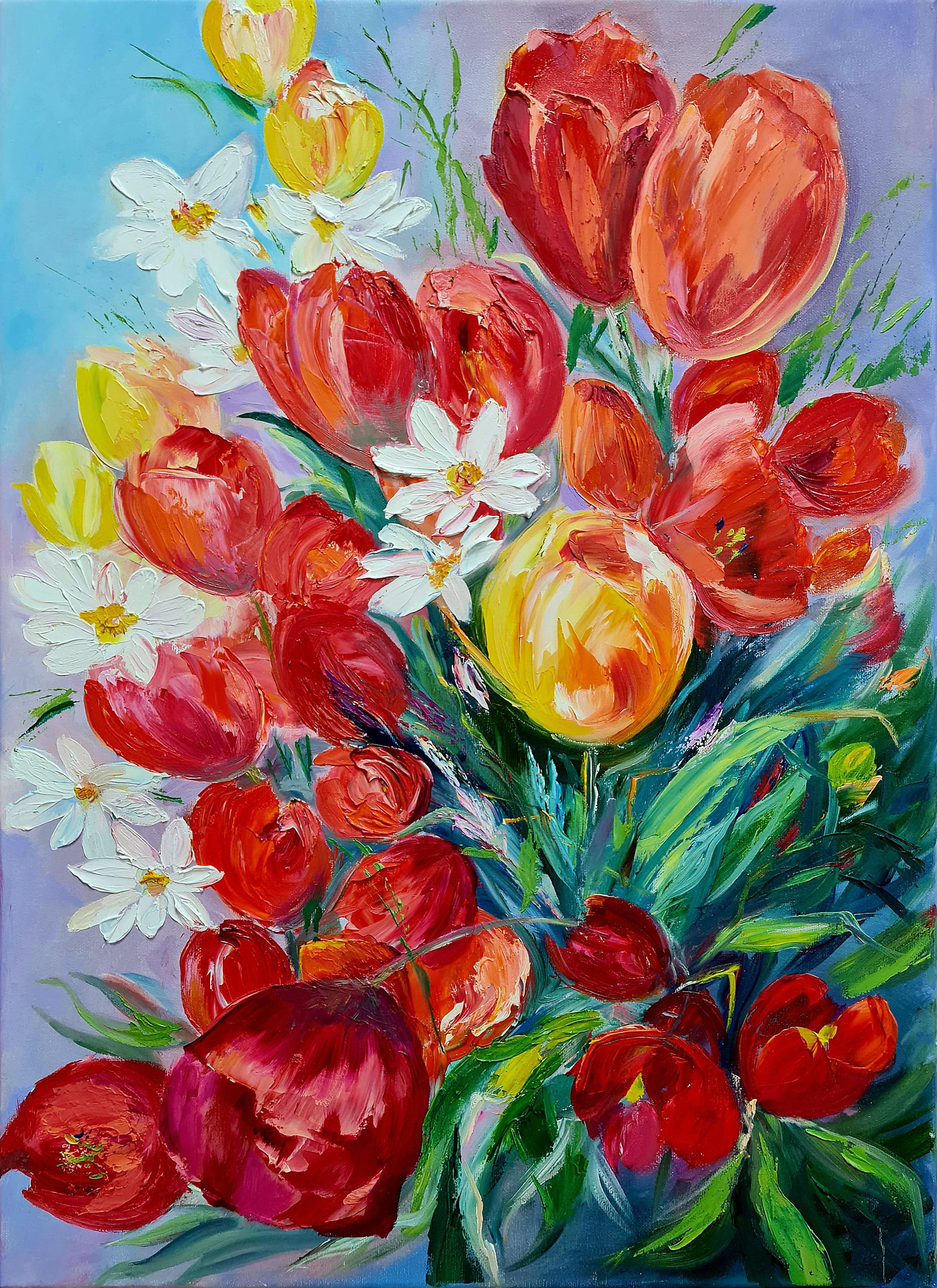 Lilya Volskaya Still-Life Painting -  "A bright holiday bouquet of tulips" Oil Painting by Volskaya Lilya