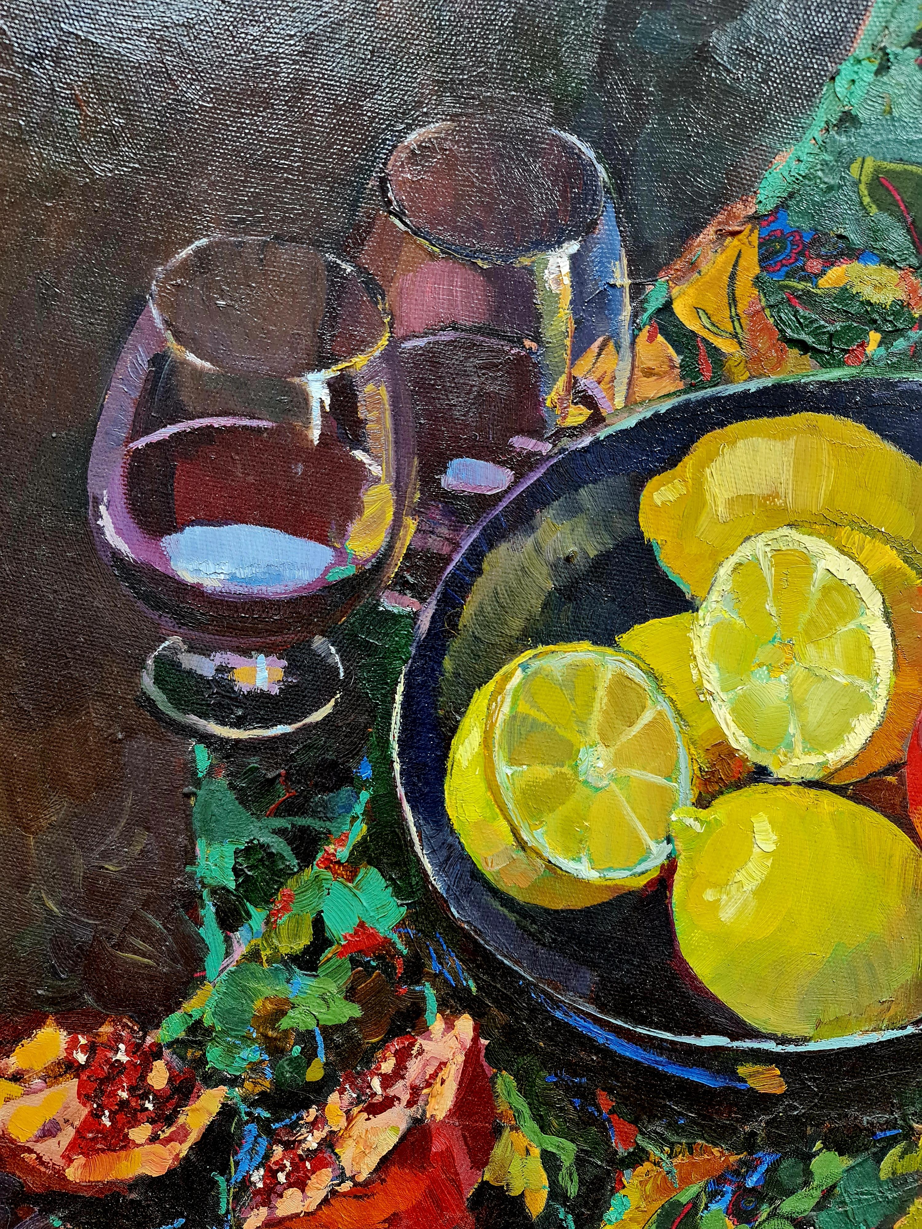 The paintings are drawn with oil on the canvas with stretcher

A bright still life with pomegranates and lemons. The national Armenian headscarf is on a dark background. There is a silver bowl with fruits on it. Two glasses of wine. Everything