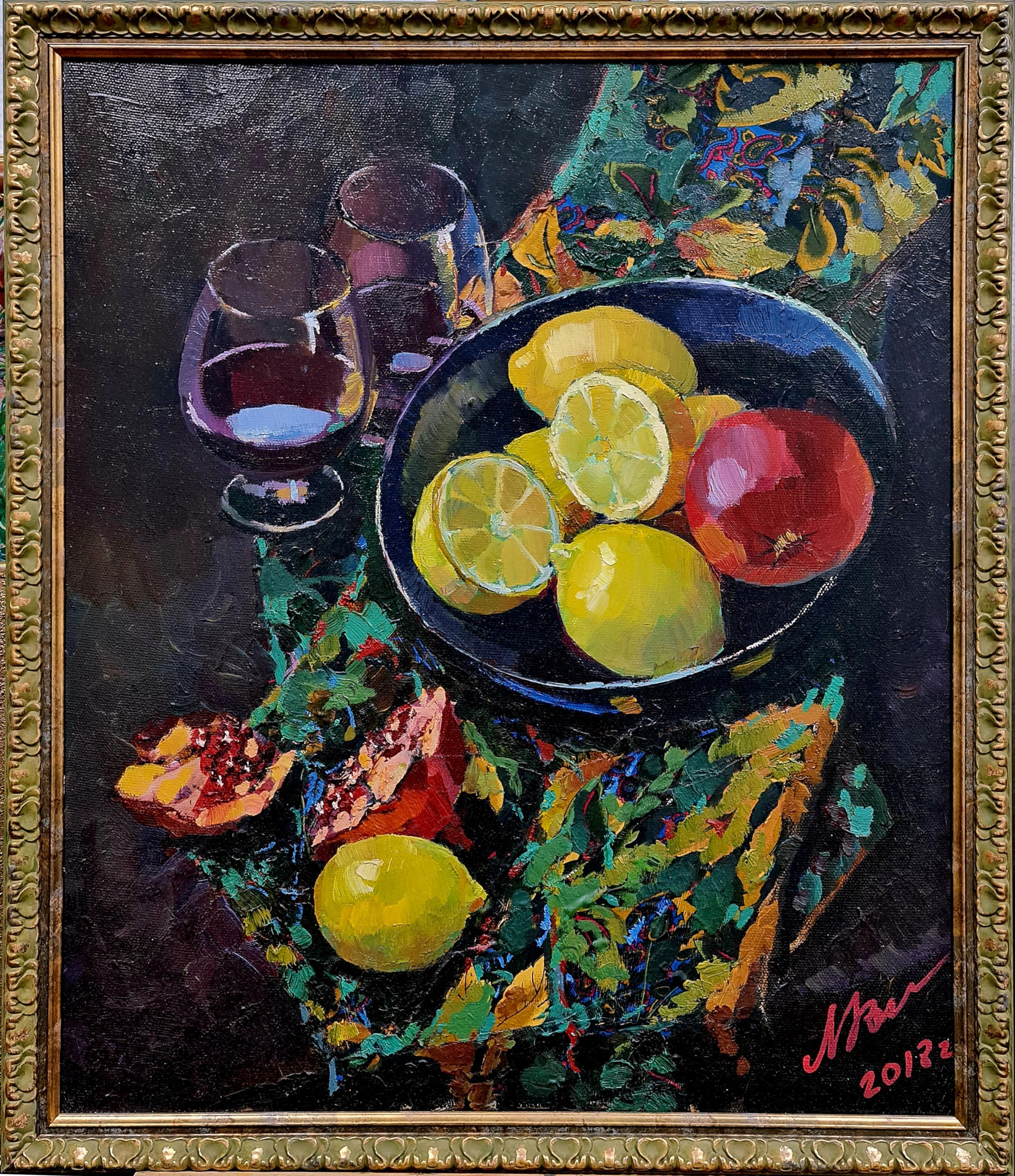 Lilya Volskaya Still-Life Painting - "A bright still life with pomegranates and lemons." by Lilia Volskaya