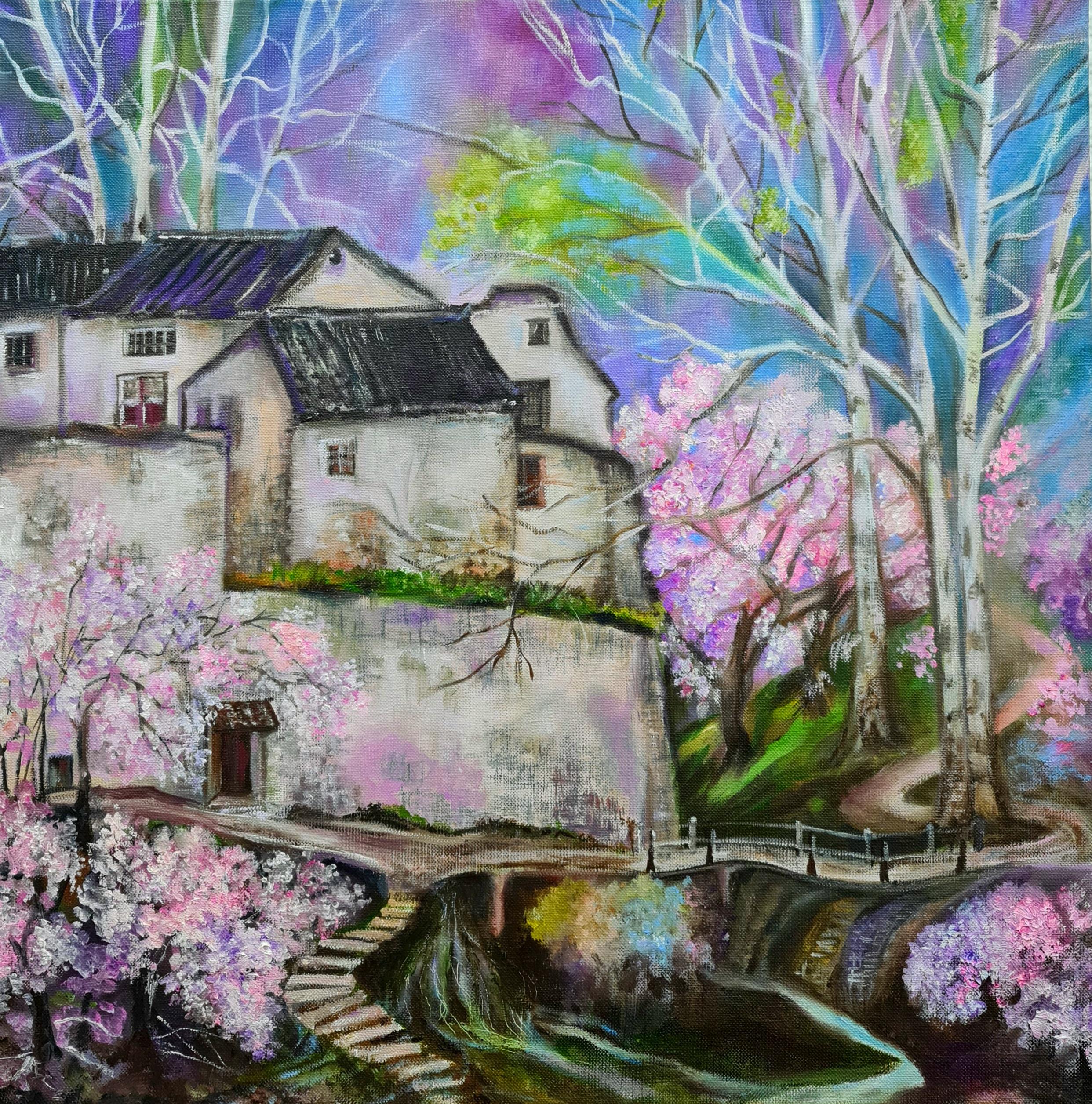 Landscape Painting de Lilya Volskaya - Una casa en el bosque. Paisaje "Flor de cerezo" del Volskyа Lilyа