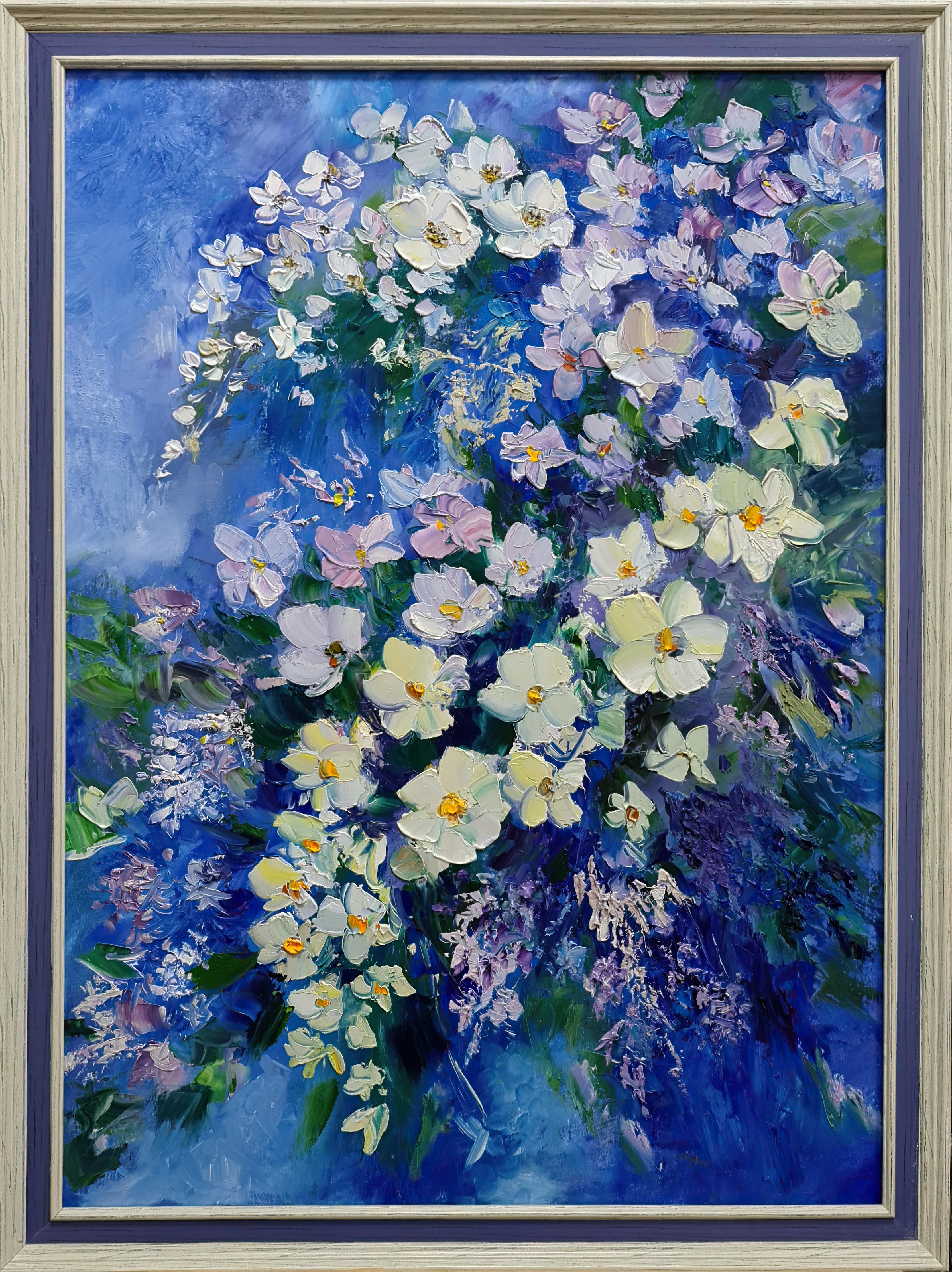 Las pinturas se dibujan con óleo sobre el lienzo.
Un paisaje de verano con flores blancas de jazmín. Racimos de flores. El cuadro está hecho al estilo de la pintura a grandes trazos. Es expresivo y muy vivo. Utilicé mis colores favoritos: morado,