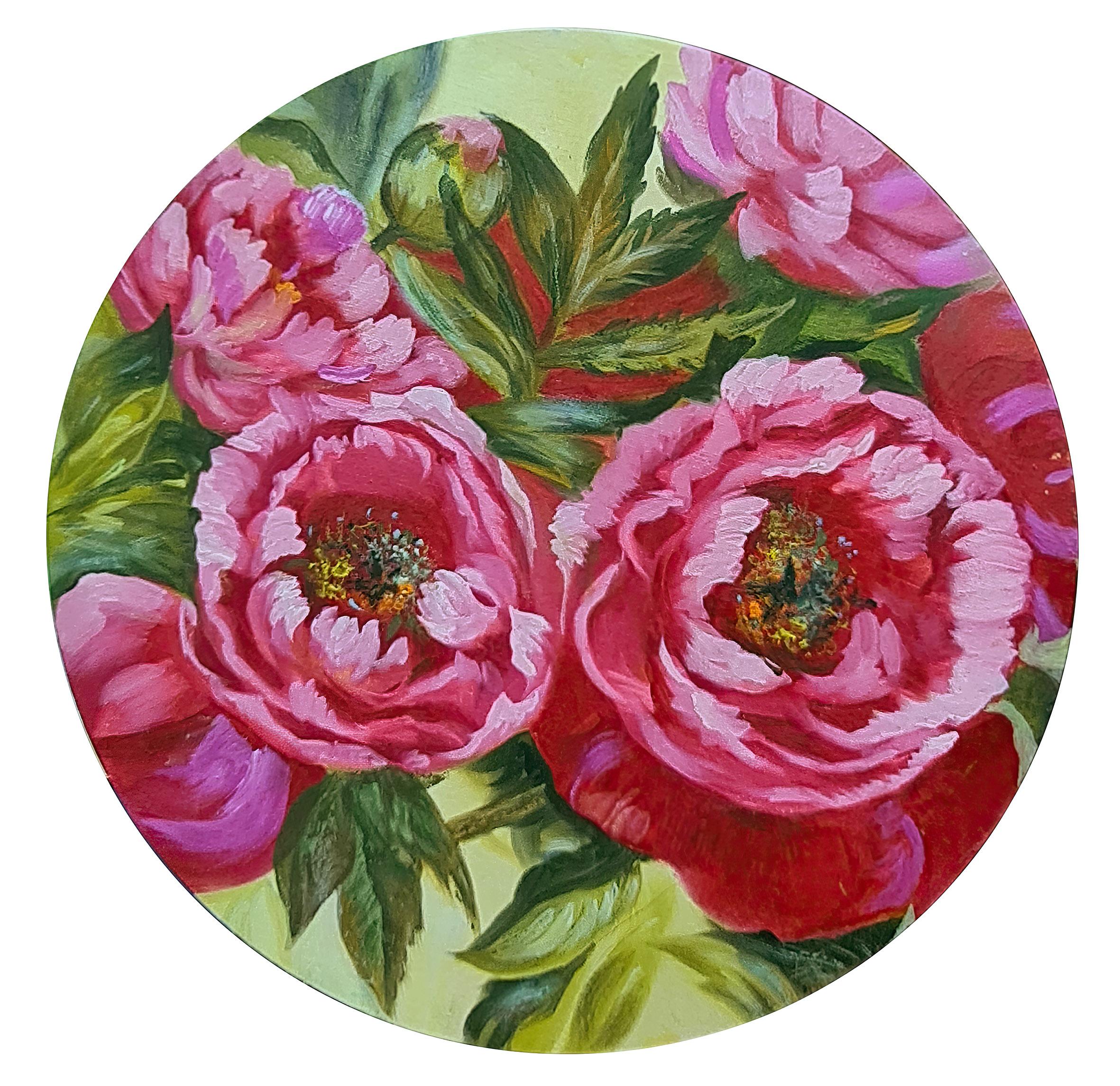 The paintings are drawn with oil on the canvas.
 A summer's day with pink peonies. A sunny, bright picture. oil painting on a circular canvas. The painting's borders are not the limits of the flowers, which are arranged around the painting's