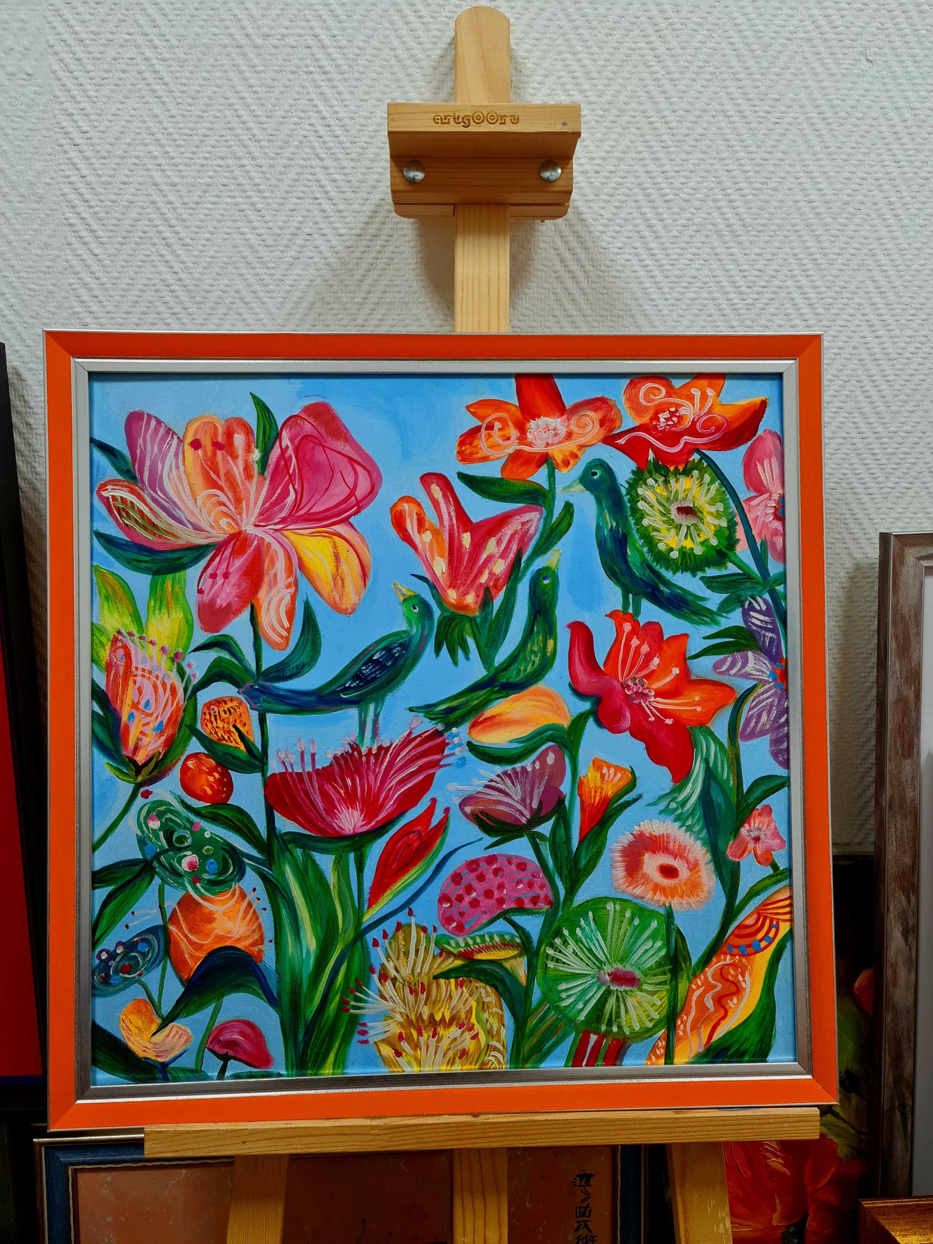 Un jardín exótico y 3 pájaros verdes.  Óleo original - Painting de Lilya Volskaya