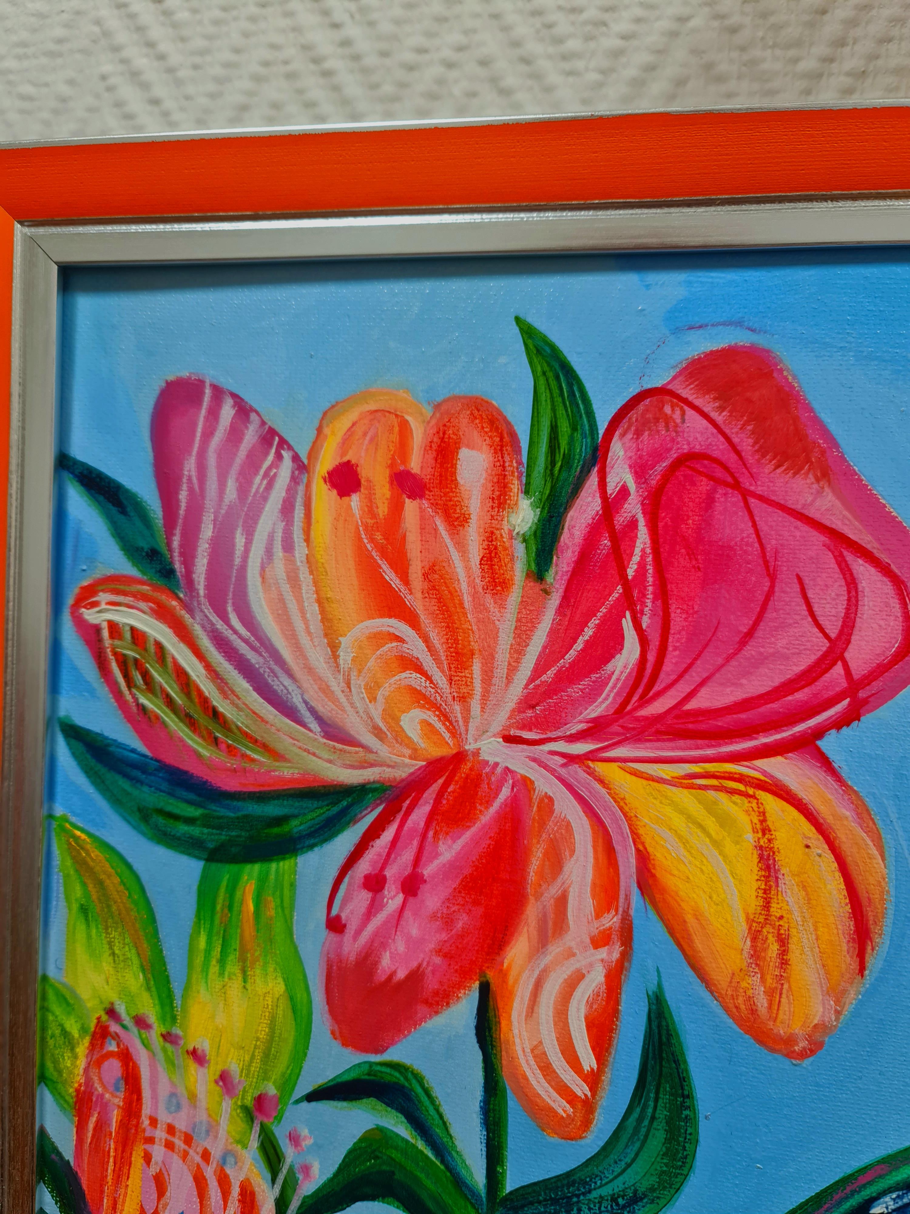 Un jardín exótico y 3 pájaros verdes.  Óleo original - Painting Arte popular de Lilya Volskaya