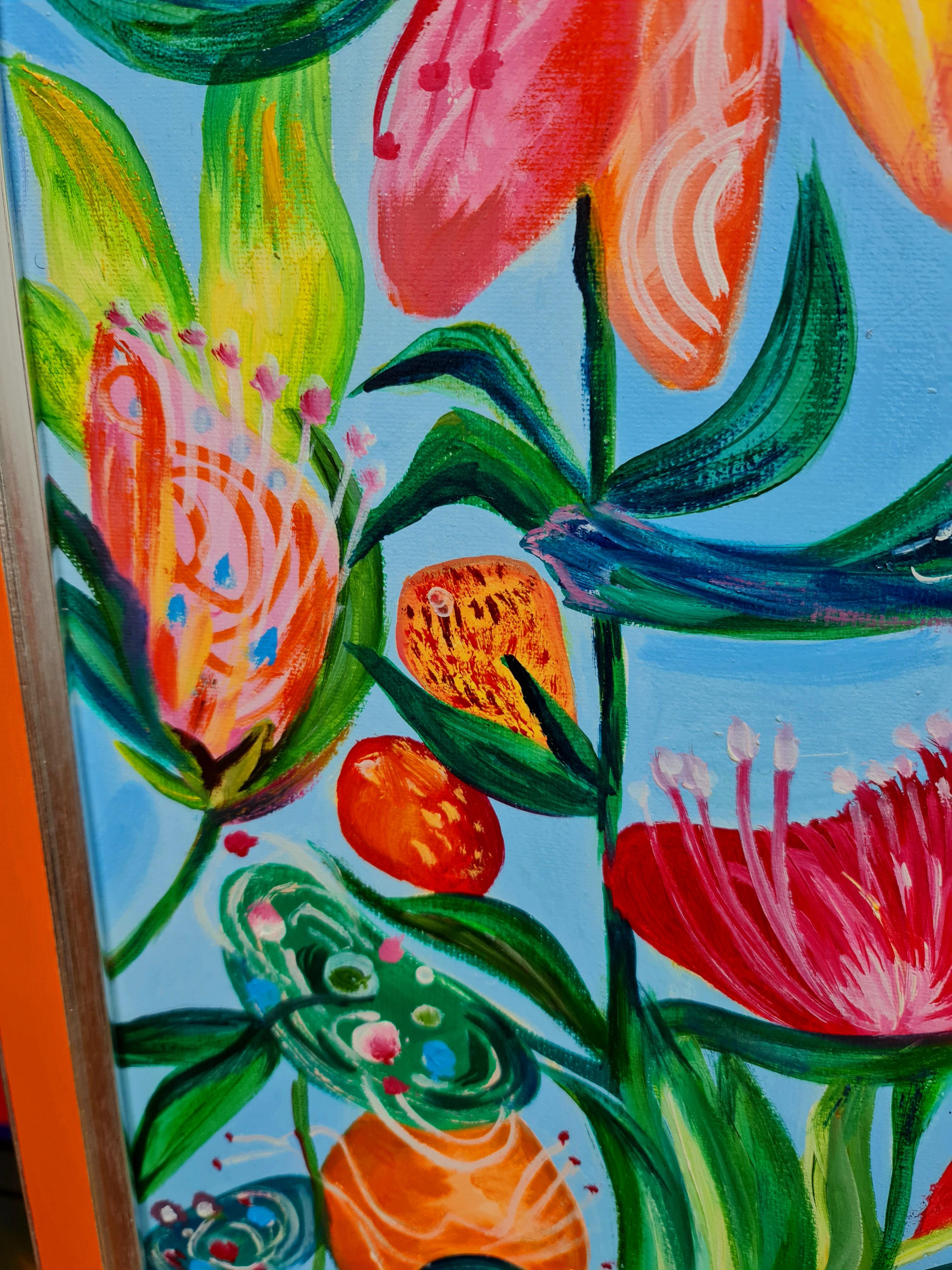 Un jardín exótico y 3 pájaros verdes.  Óleo original - Landscape Painting Marrón de Lilya Volskaya