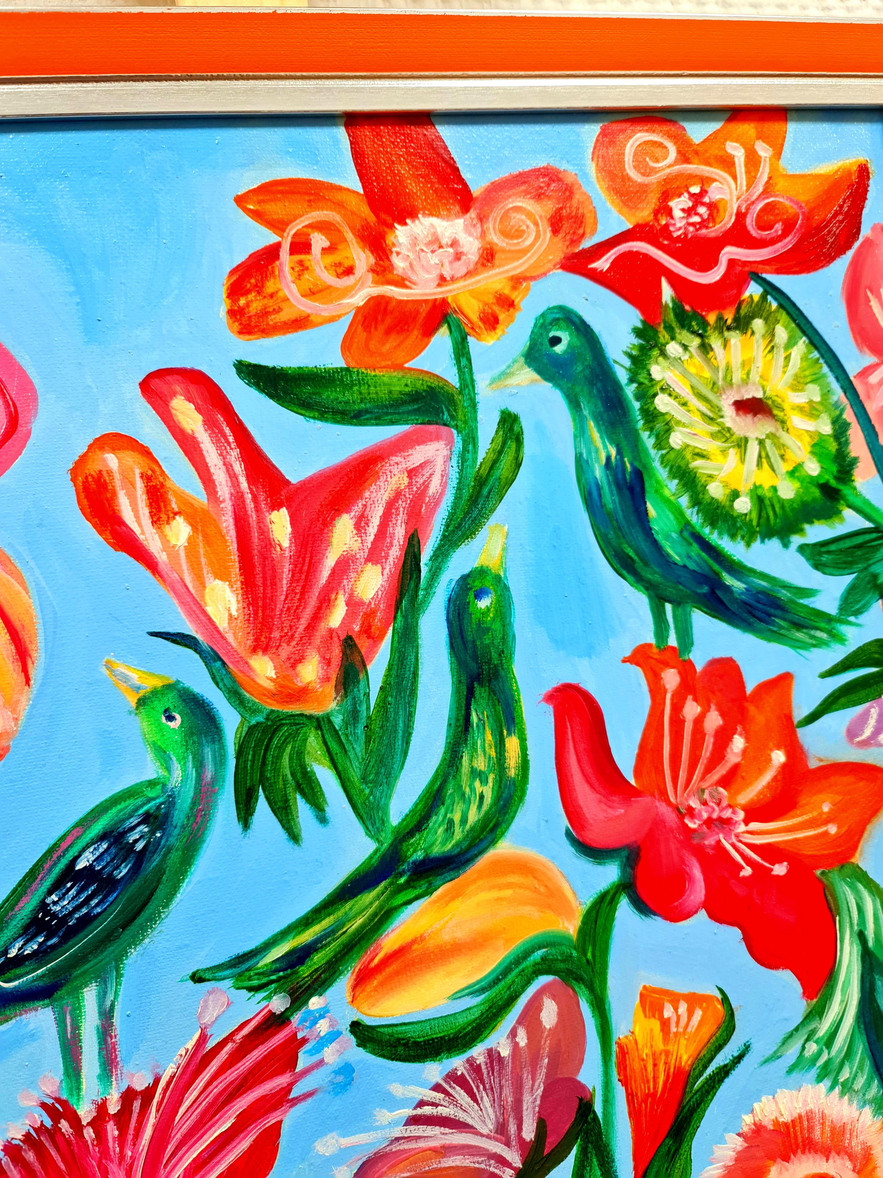 Un jardín exótico y 3 pájaros verdes.  Óleo original en venta 1