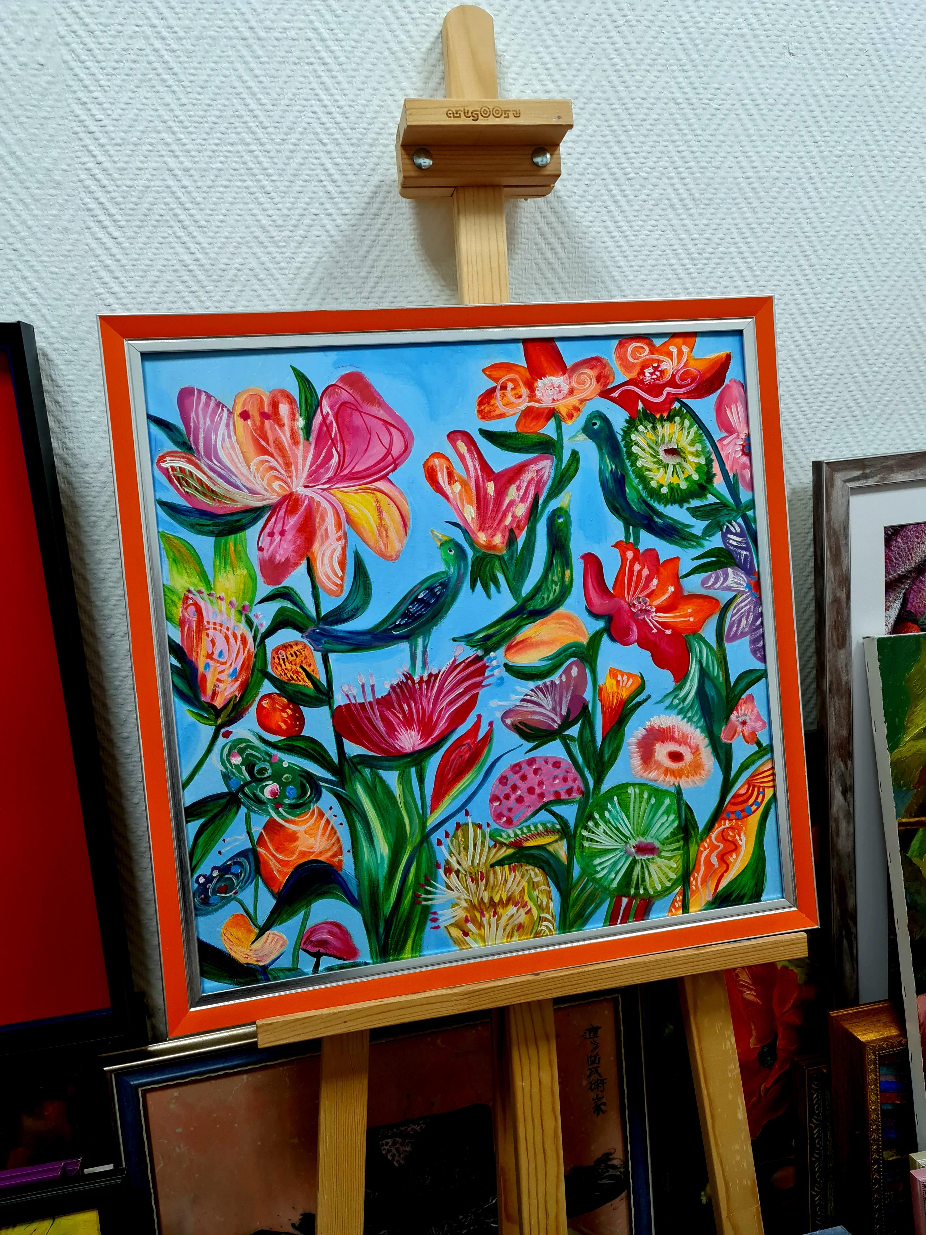 Un jardín exótico y 3 pájaros verdes.  Óleo original en venta 4