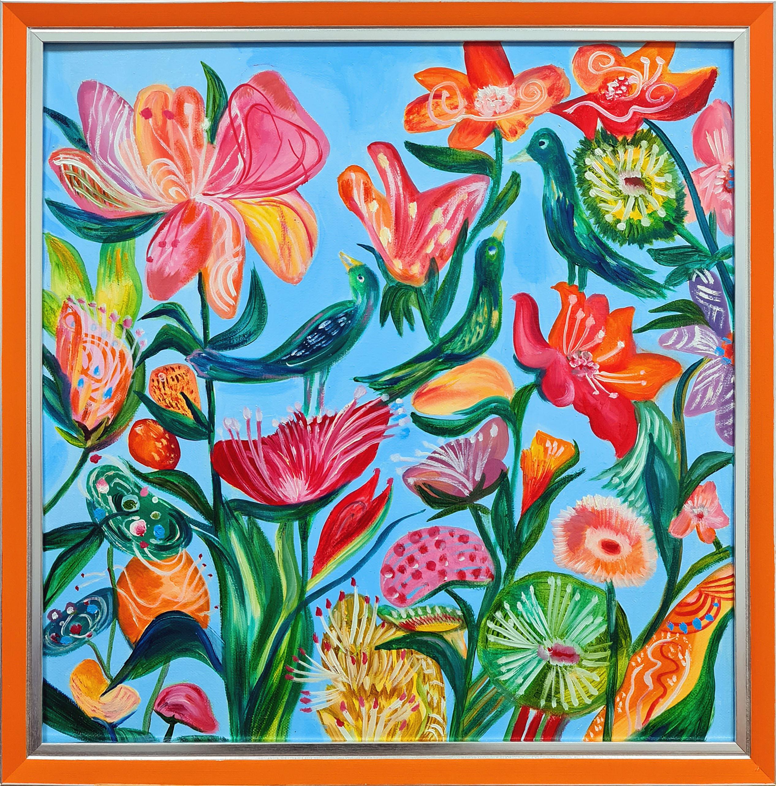 Un jardin exotique et 3 oiseaux verts.  Peinture à l'huile originale