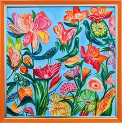 Un jardín exótico y 3 pájaros verdes.  Óleo original