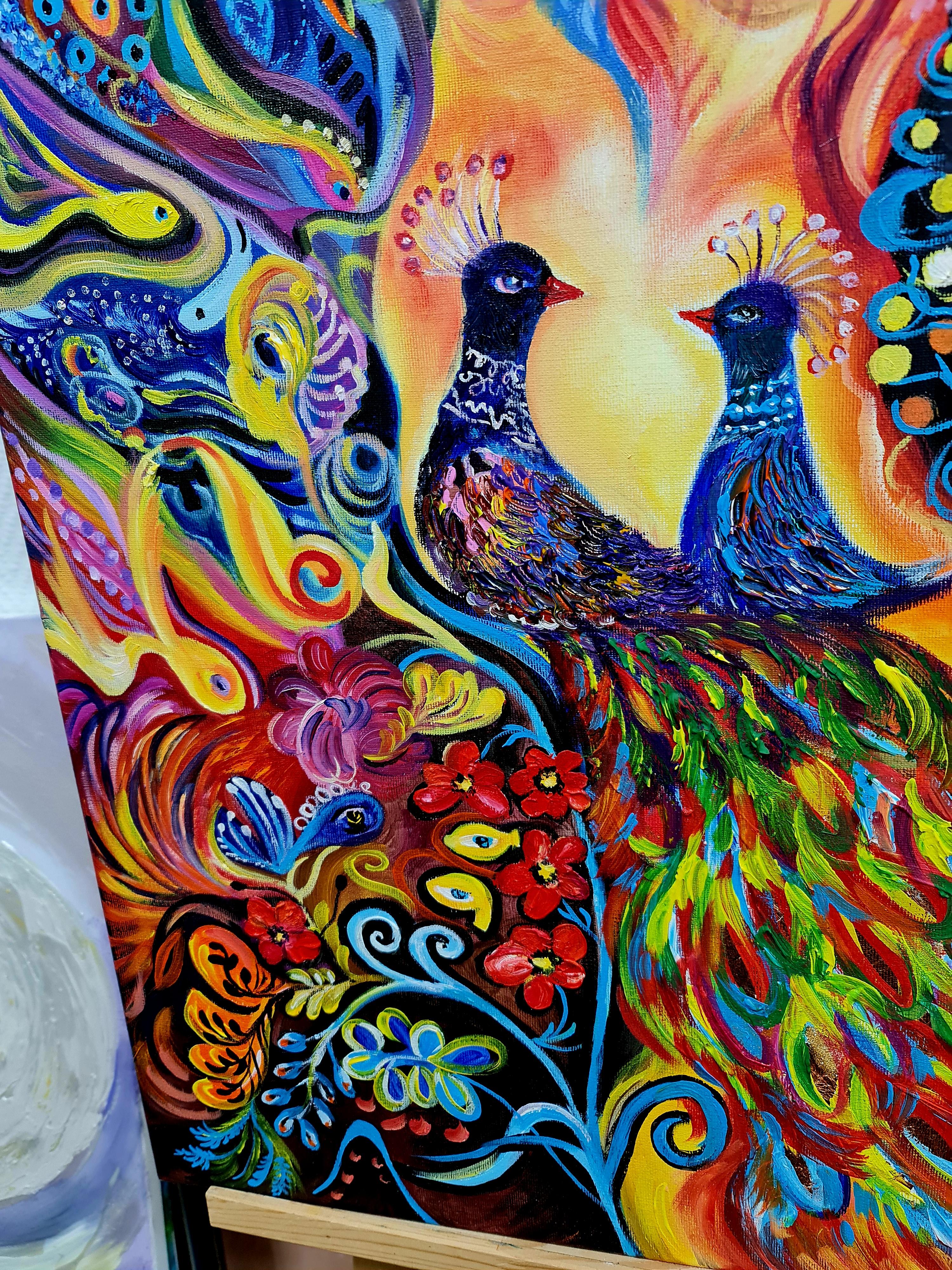 Oiseaux heureux ensemble » du paysage de la Lilya du Volskay en vente 4