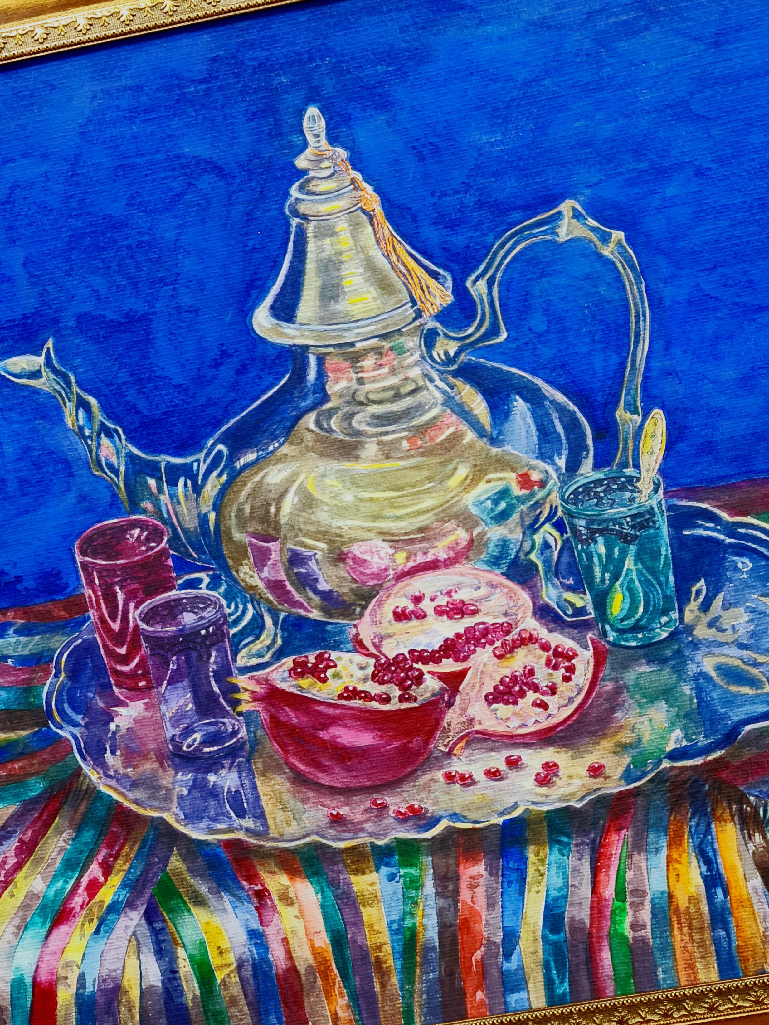 Blue still life with pomegranates and teapot. - Expressionist Painting by Lilya Volskaya