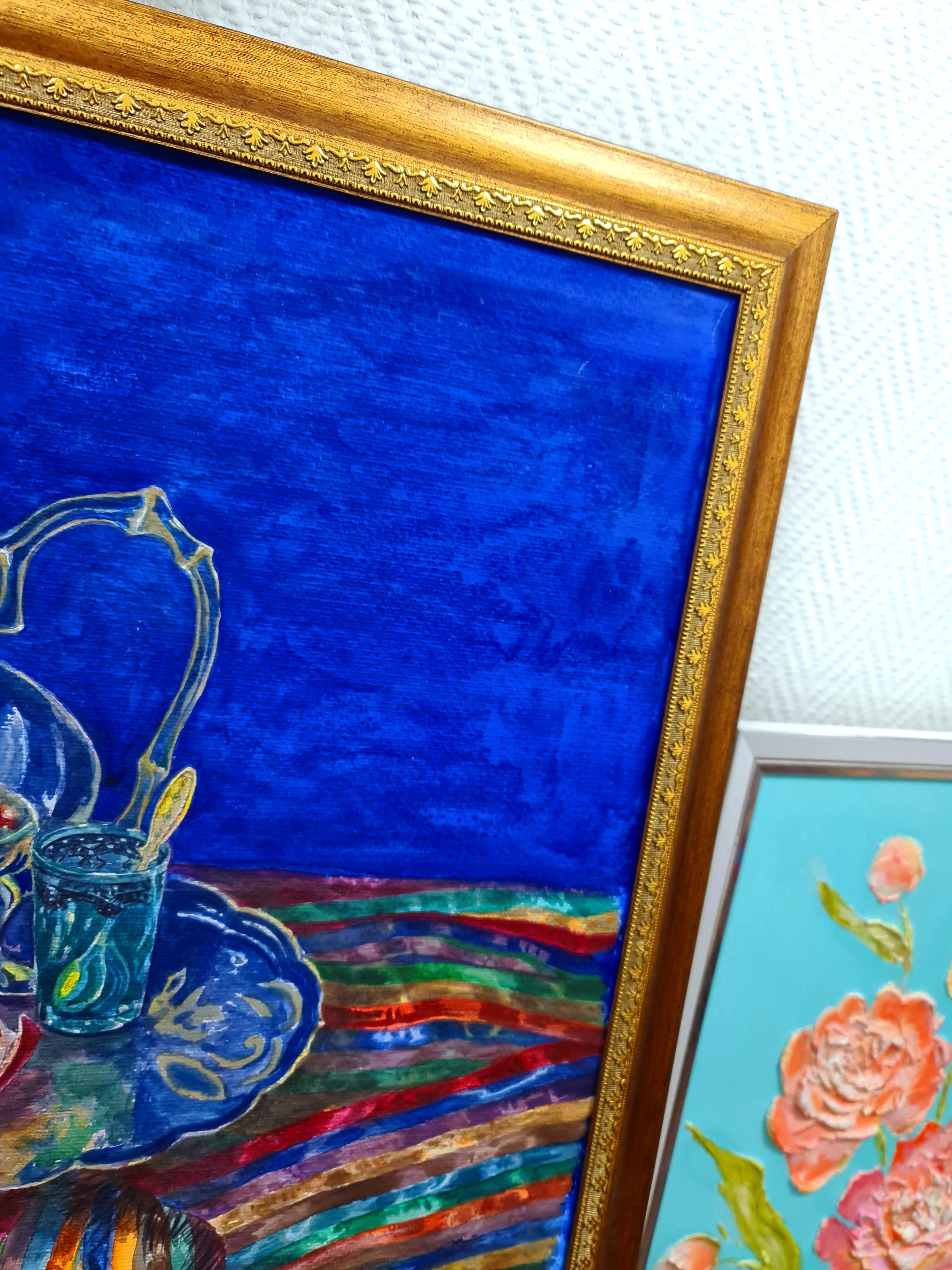 Blue still life with pomegranates and teapot. For Sale 3