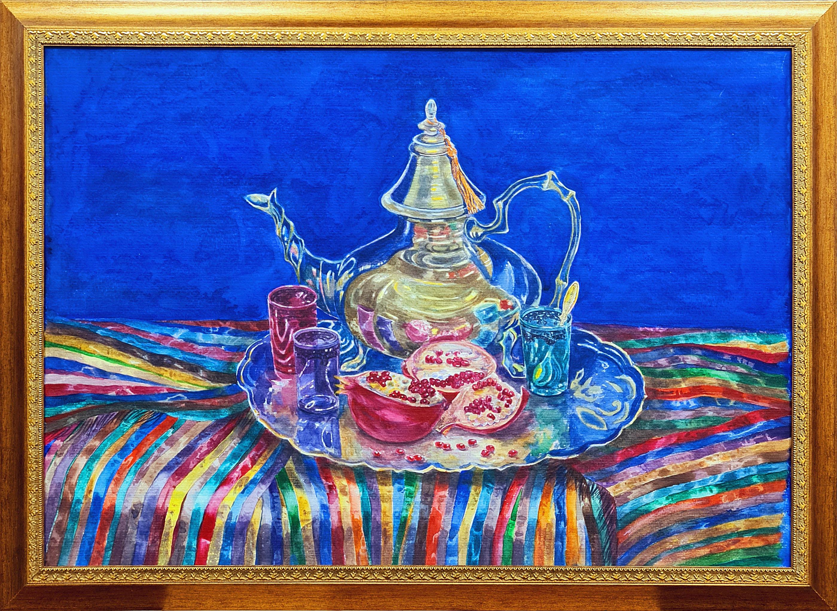 Lilya Volskaya Landscape Painting - Blue still life with pomegranates and teapot.
