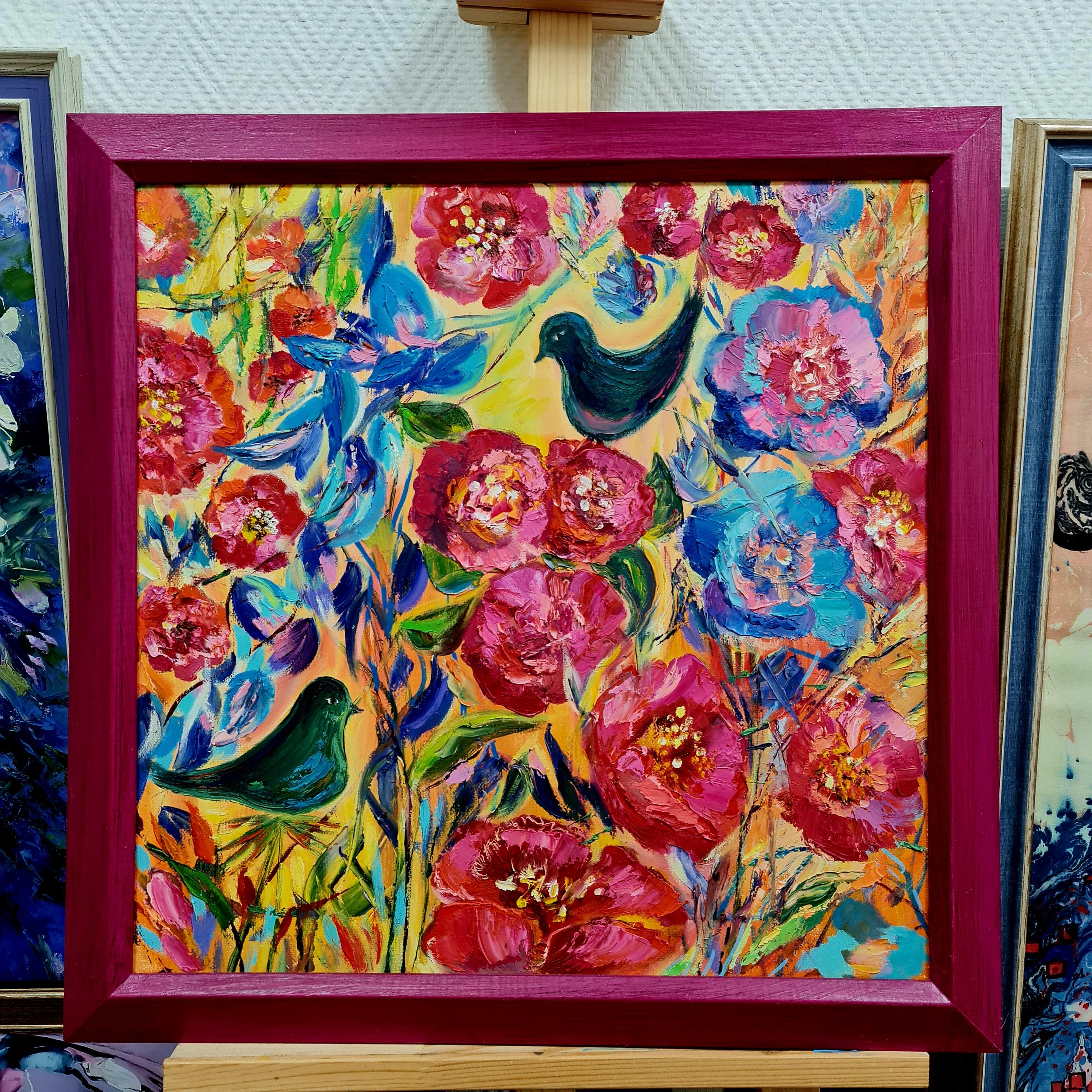 Funny birds in the Garden of Eden. The flowering of plants is in full swing. Bright colors, positive birds, beautiful flowers. Everyone who looks at this picture is smiling. 

This is the original piece of art made by hand from beginning to end.