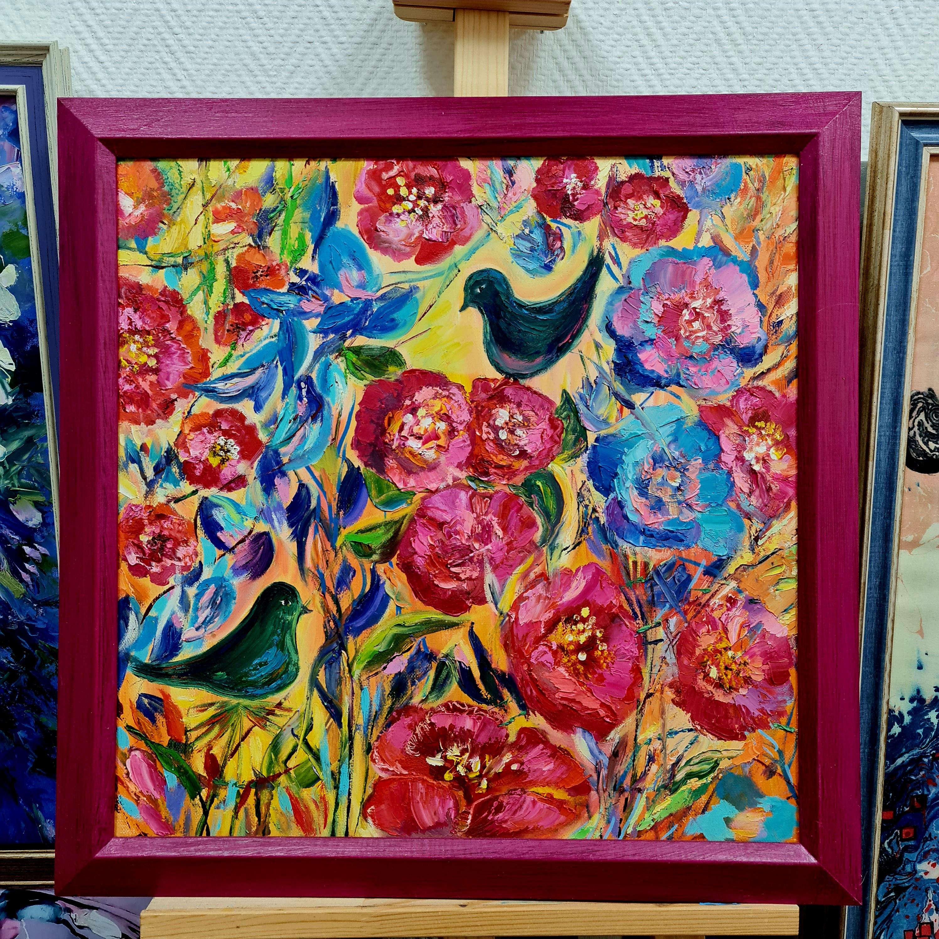 fleurs magiques et oiseaux amusants - Rose Animal Painting par Lilya Volskaya
