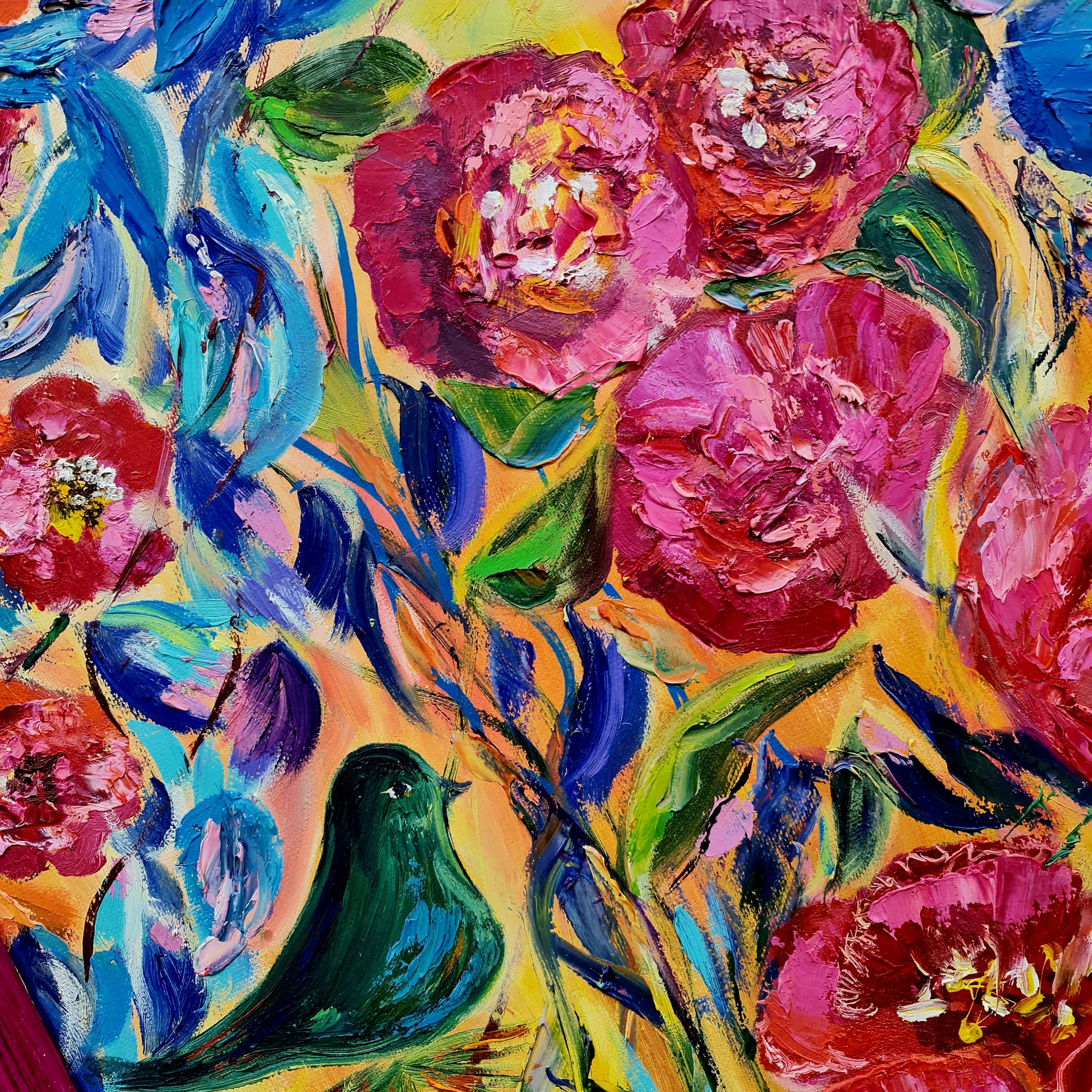 Leuchtend magische Blumen und lustige Vögel – Painting von Lilya Volskaya