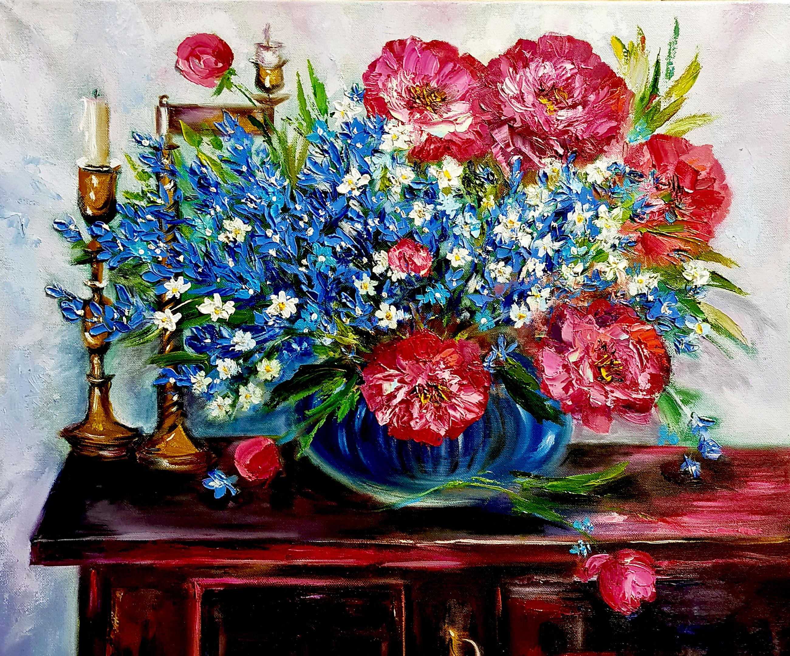 Lilya Volskaya Landscape Painting - Burgundy peonies, blue flowers in a vase.Candles and antique table.