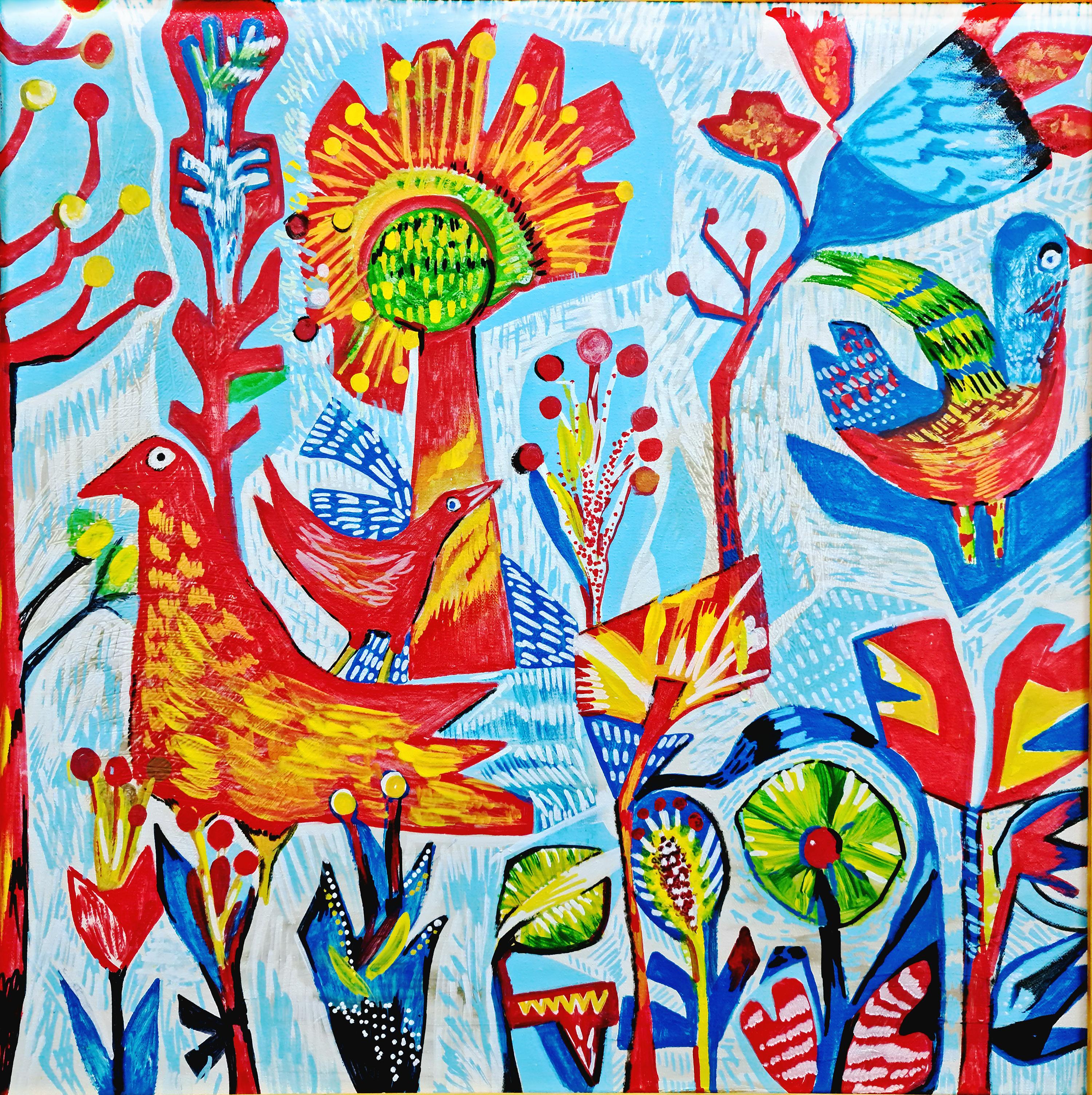 Lilya Volskaya Animal Painting - "Christmas. Blue snow and red birds" Painting by Lilia Volskaya