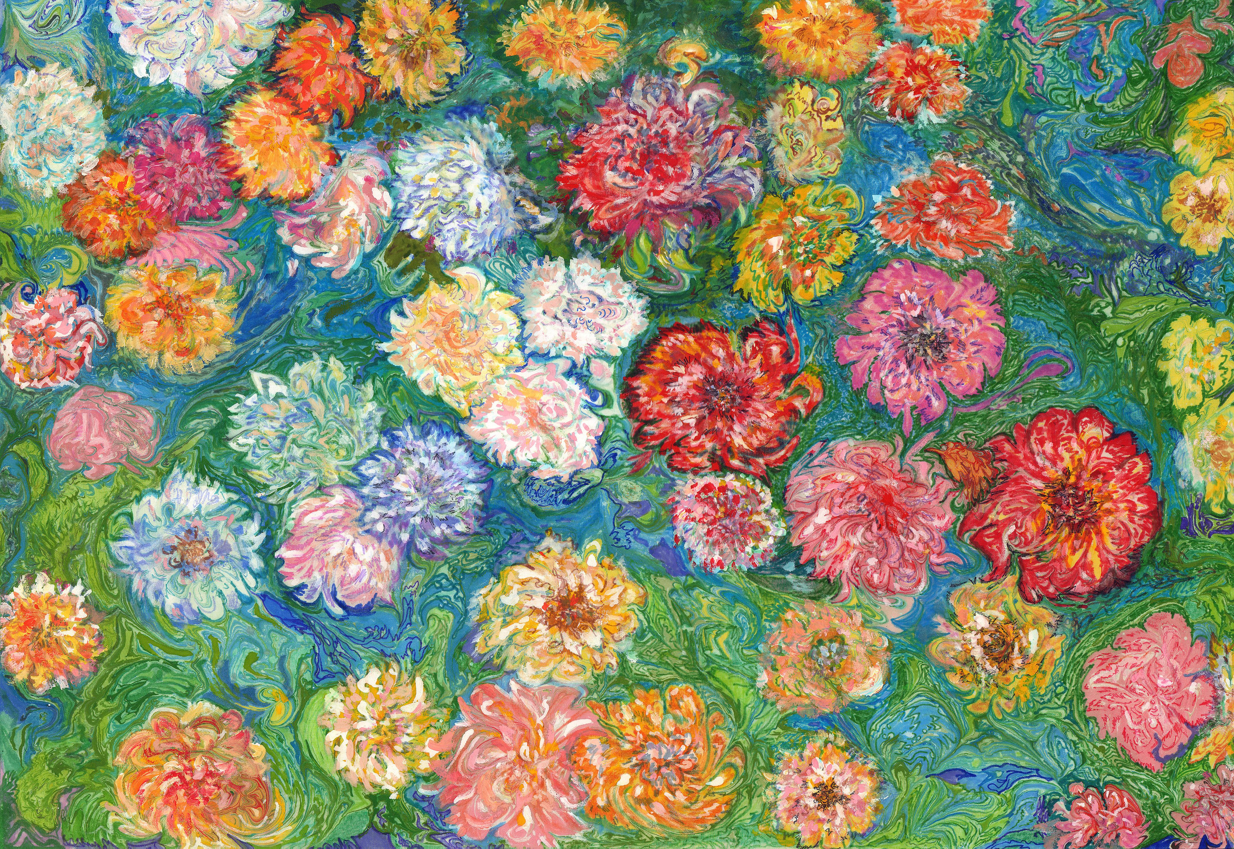 „Chrysanthemen gemalt in Claude Monet“, Original-Ölgemälde von Lilya Volskaya