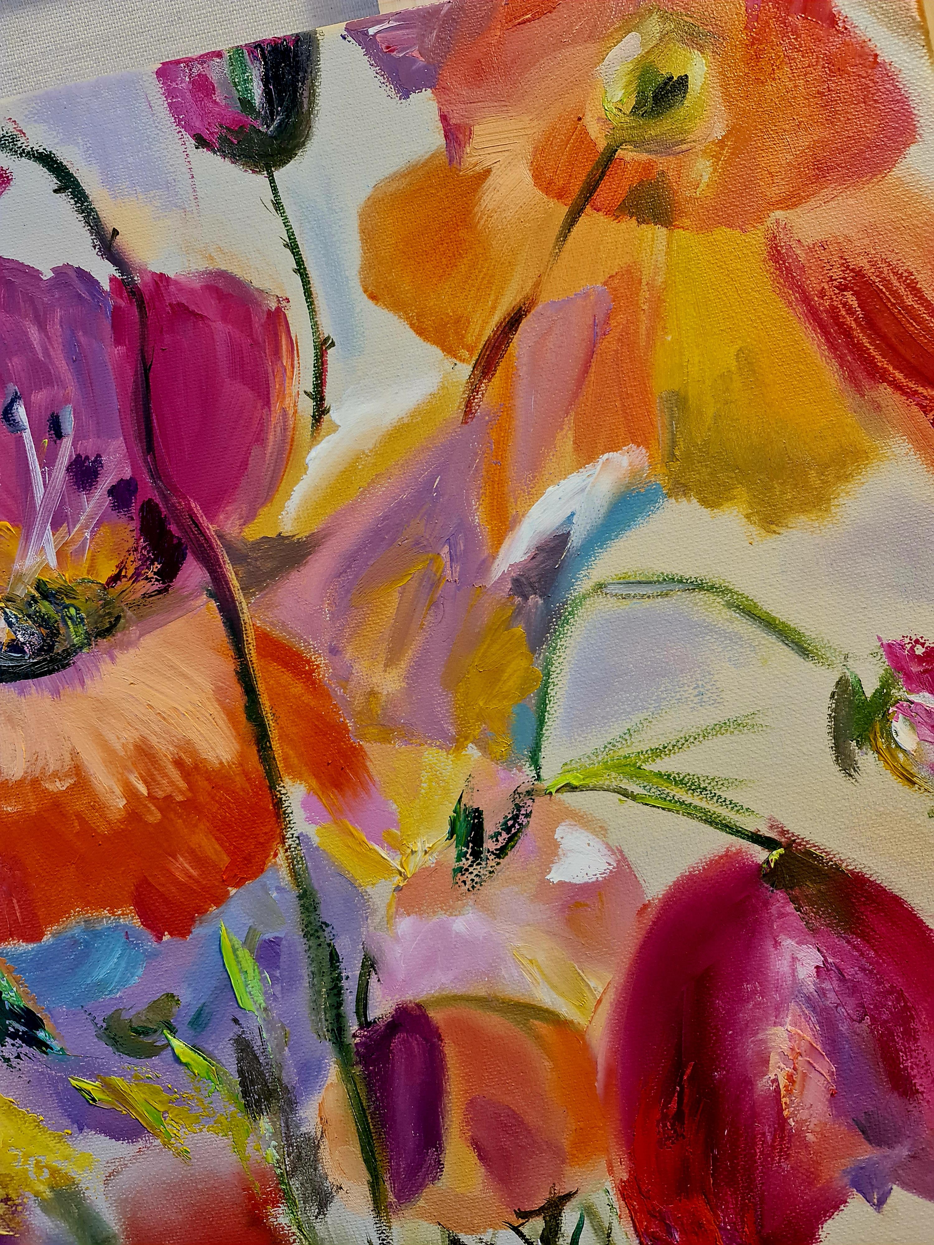„Farbdestillation“. abstraktes Blumenstillleben der Volsky-Lilie. Es ist mit Ölfarben auf Leinwand gemalt. Die Größe beträgt 60x50 cm. Das Gemälde wird nicht nur Freude bereiten und Ihr Interieur perfekt ergänzen, sondern auch ein Symbol Ihres