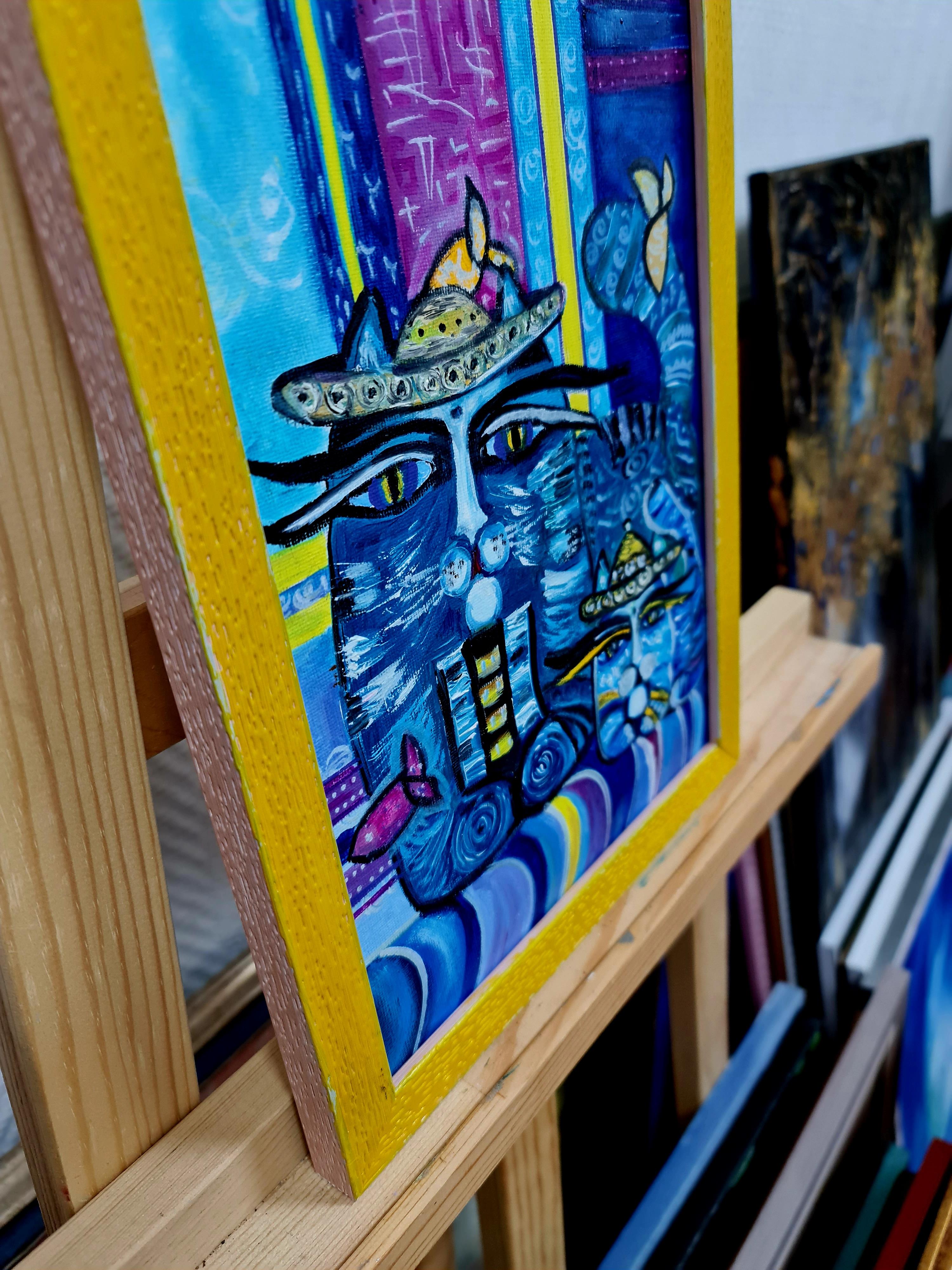Companion Cats Zen animalism oil painting of the Volskya Lily. - Blue Animal Painting by Lilya Volskaya
