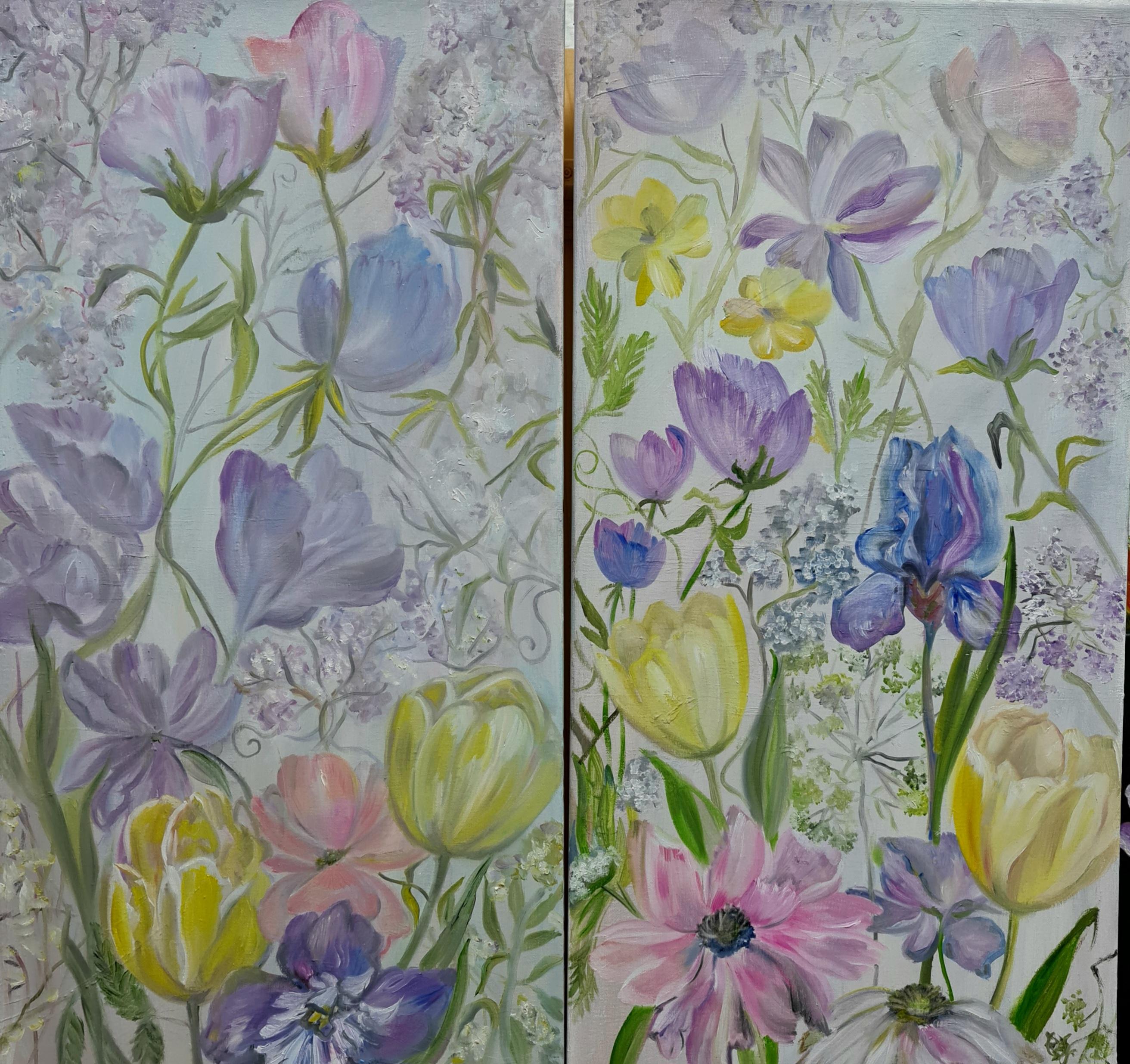 Lilya Volskaya Abstract Painting - Delicate wildflowers"diptych, landscape by Volskaya Liliya.
