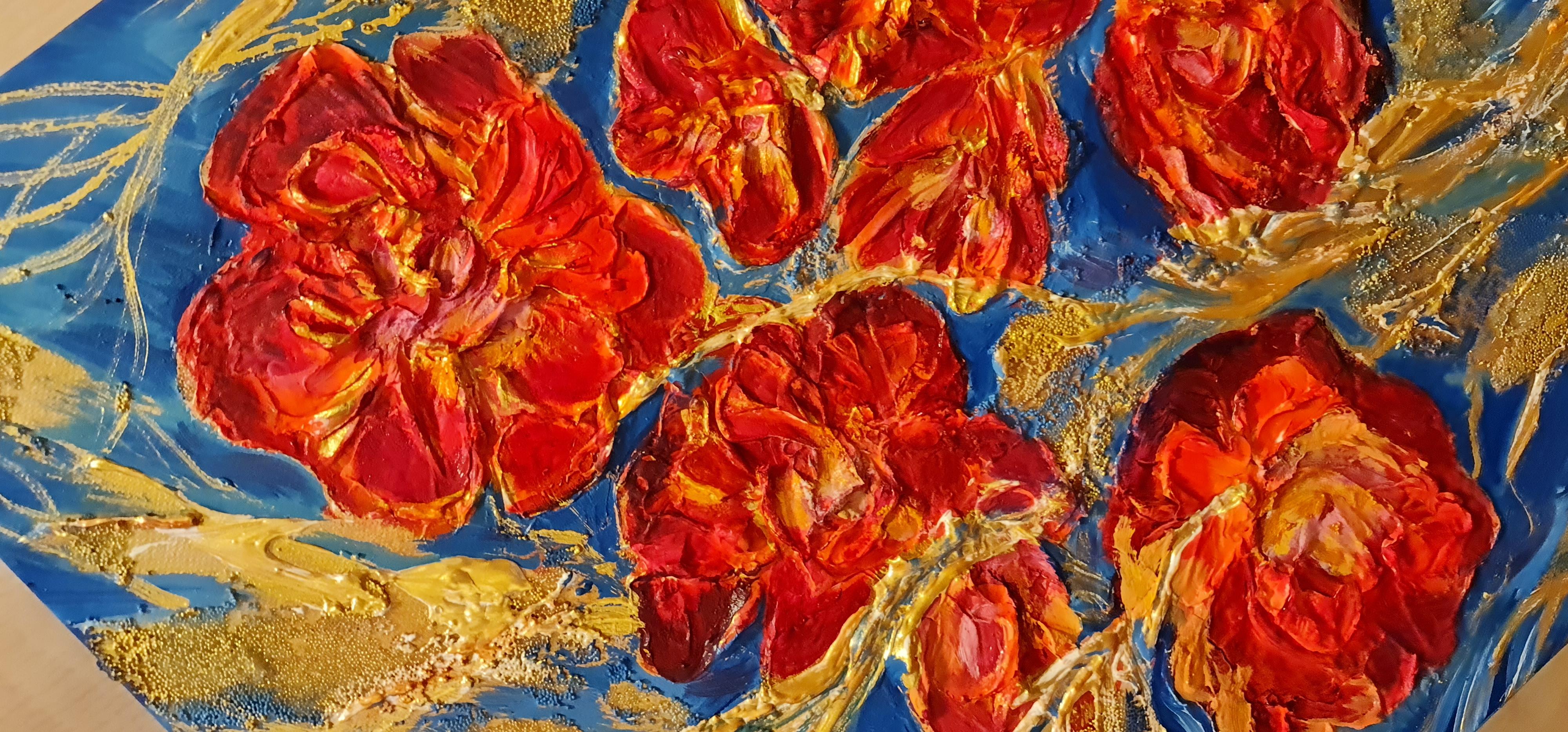 Embossed textured orange flowers on a blue backgraund.Still life abstraction - Expressionist Painting by Lilya Volskaya