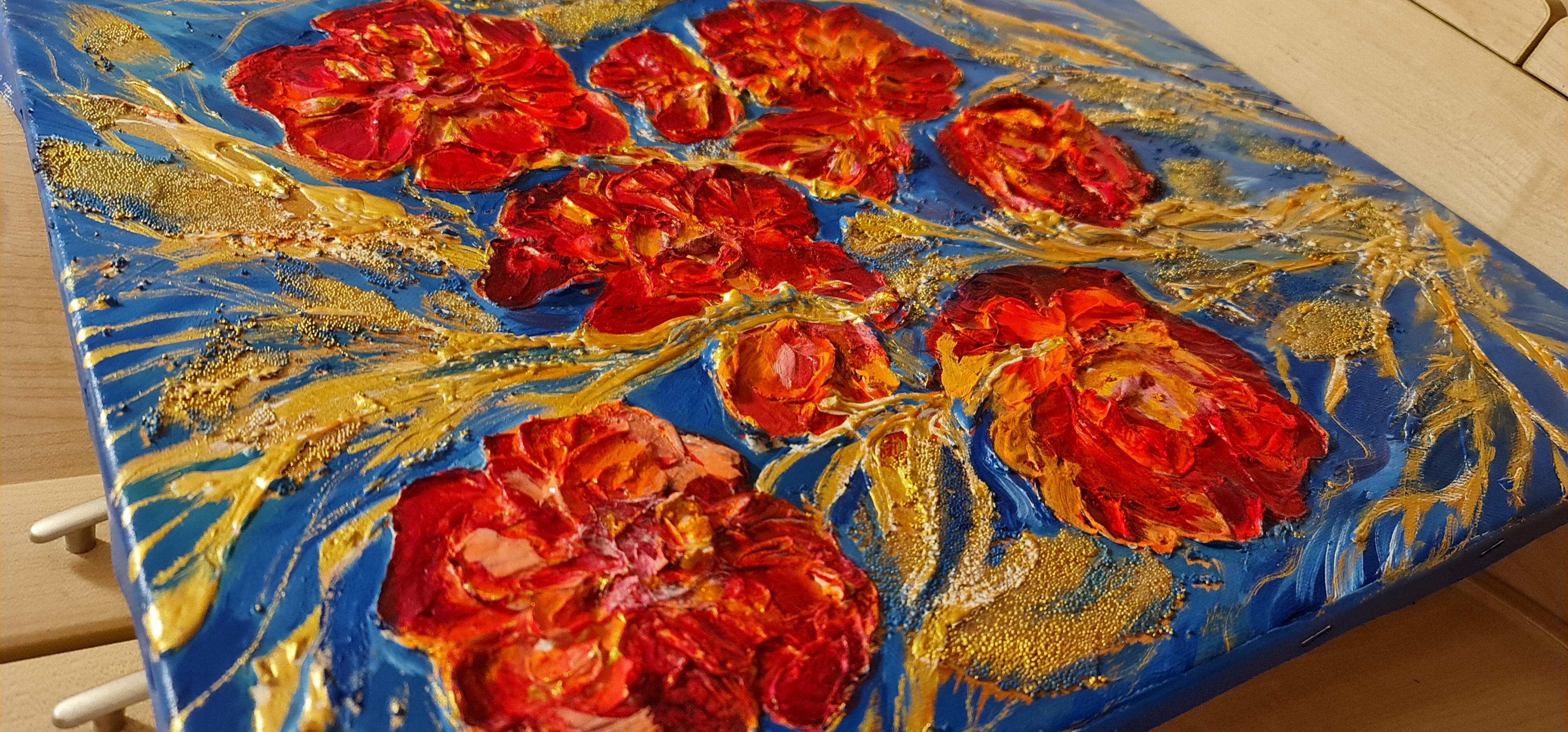 Embossed textured orange flowers on a blue backgraund.Still life abstraction For Sale 1