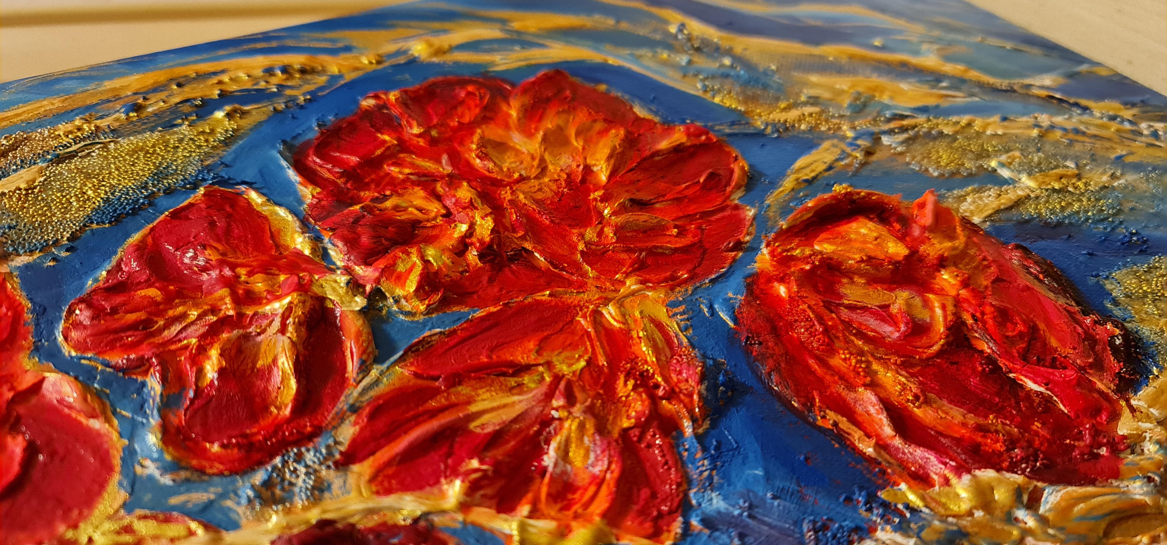 Embossed textured orange flowers on a blue backgraund.Still life abstraction For Sale 2