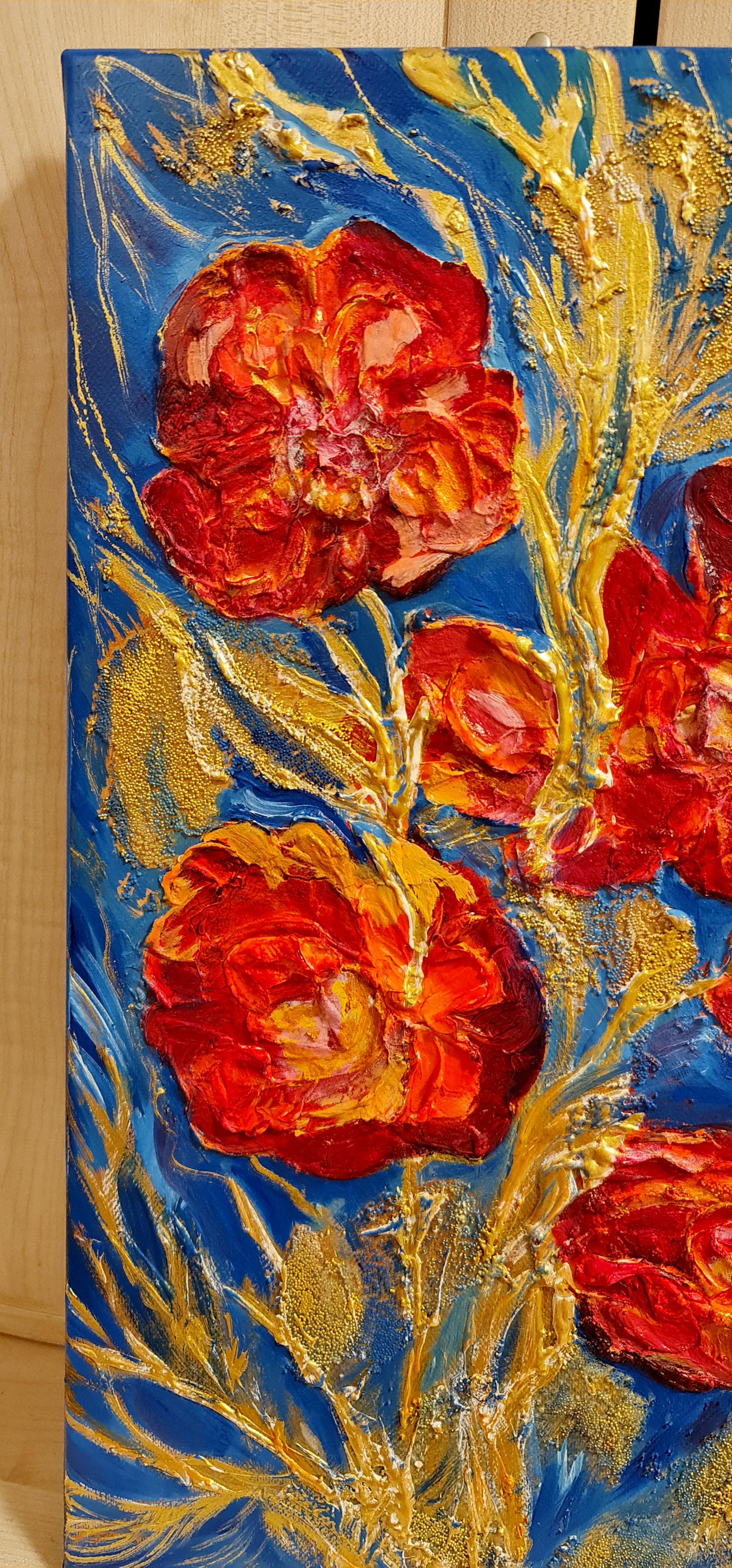 Embossed textured orange flowers on a blue backgraund.Still life abstraction For Sale 3