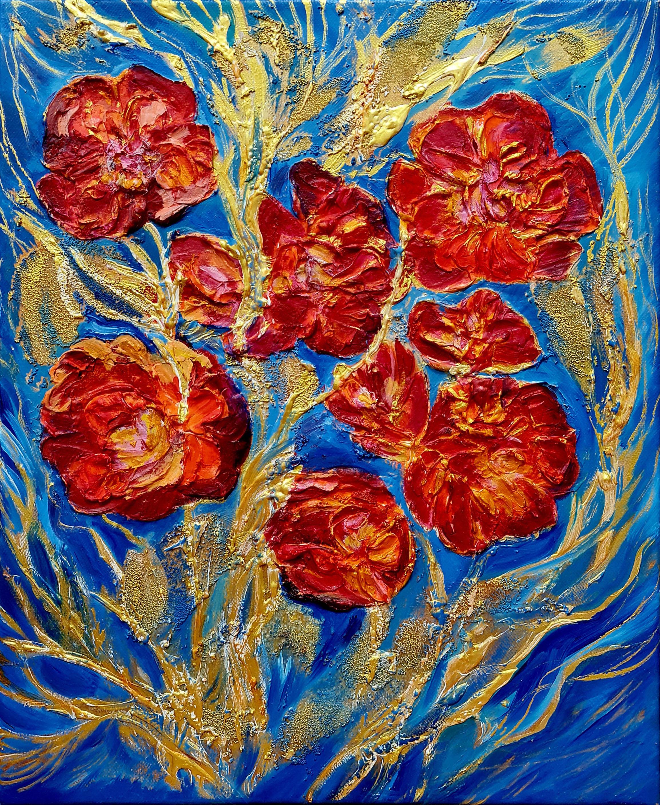 Lilya Volskaya Landscape Painting – Geprägte strukturierte orangefarbene Blumen auf einem blauen Hintergrund. Stillleben-Abstraktion
