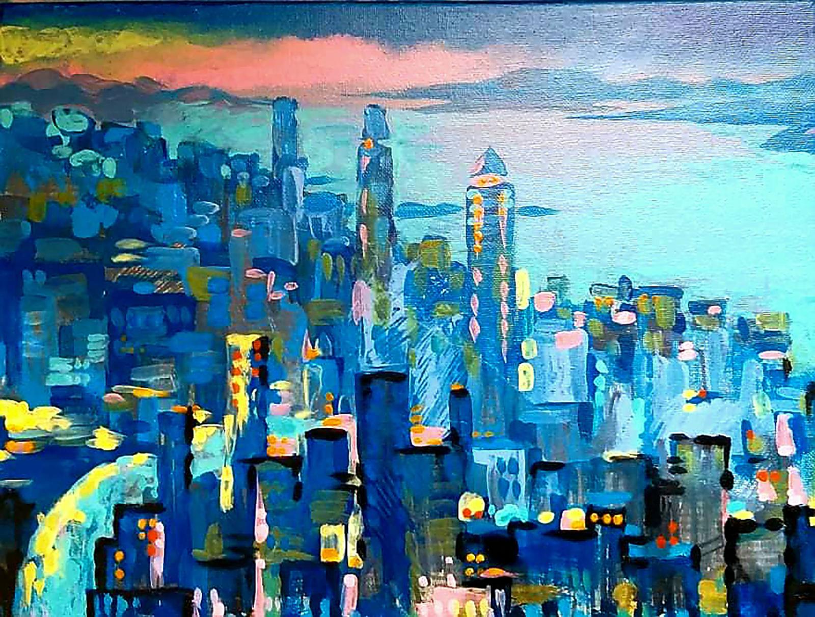 Città serale sulla baia del mare. Il trittico. Un suggestivo paesaggio marino in blu.
Il dipinto centrale ha una dimensione di 40x40 cm. 
La parte sinistra del trittico ha una dimensione di 30x40 cm. 
La parte destra del trittico ha una dimensione