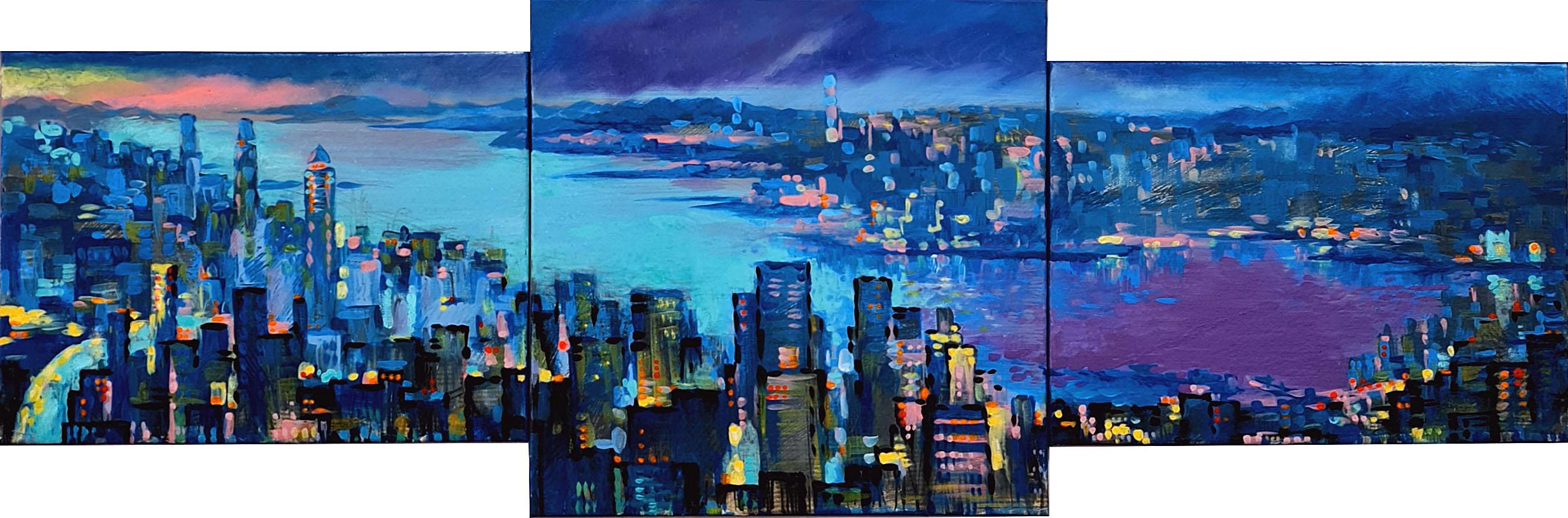 "Ciudad nocturna sobre la bahía del mar. El tríptico. Un atmosférico paisaje marino en azul".