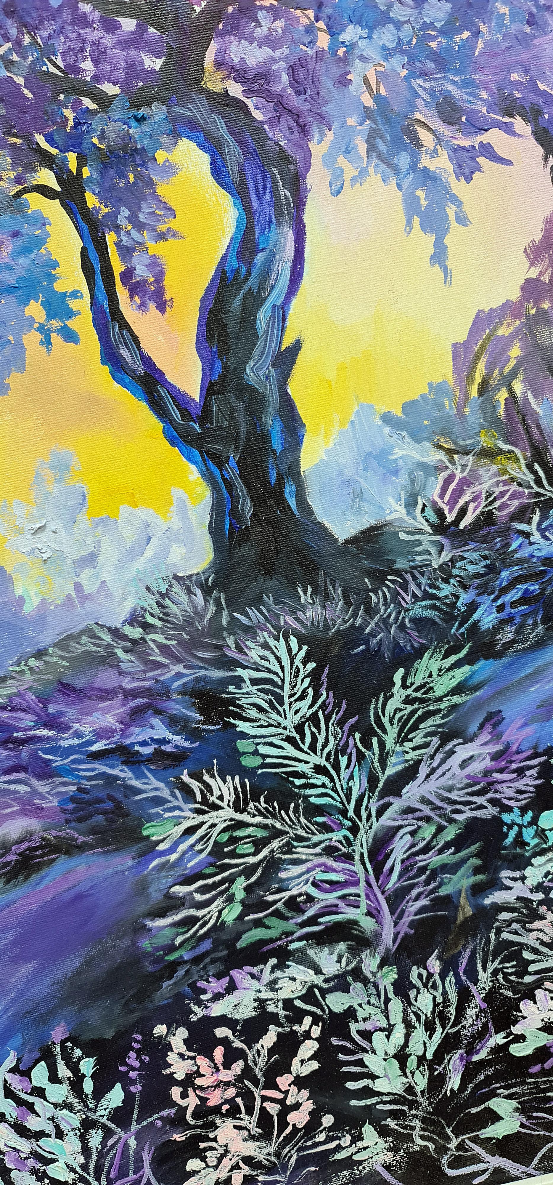 The paintings are drawn with oil on the hardboard (back side made of the double cardboard).
Evening in purple. 
This dream scene uses hues of purple, pink, blue, and blue. A gorgeous sunrise is setting the sky on fire. A tree is at the composition's