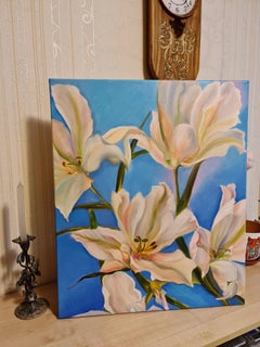 Evening light and wind in lilies" interior still life in oil of the Volskya Lily