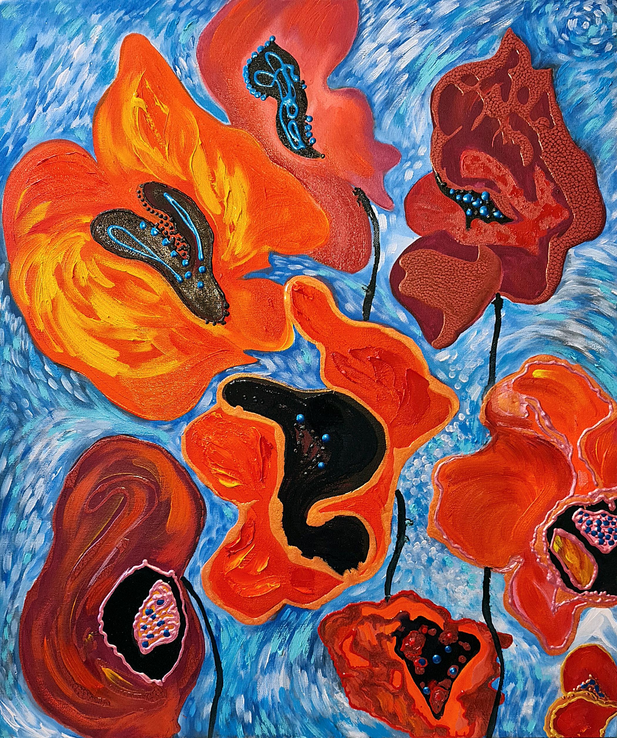Lilya Volskaya Figurative Painting - "Flame poppies" original painting by Lilya Voskaya