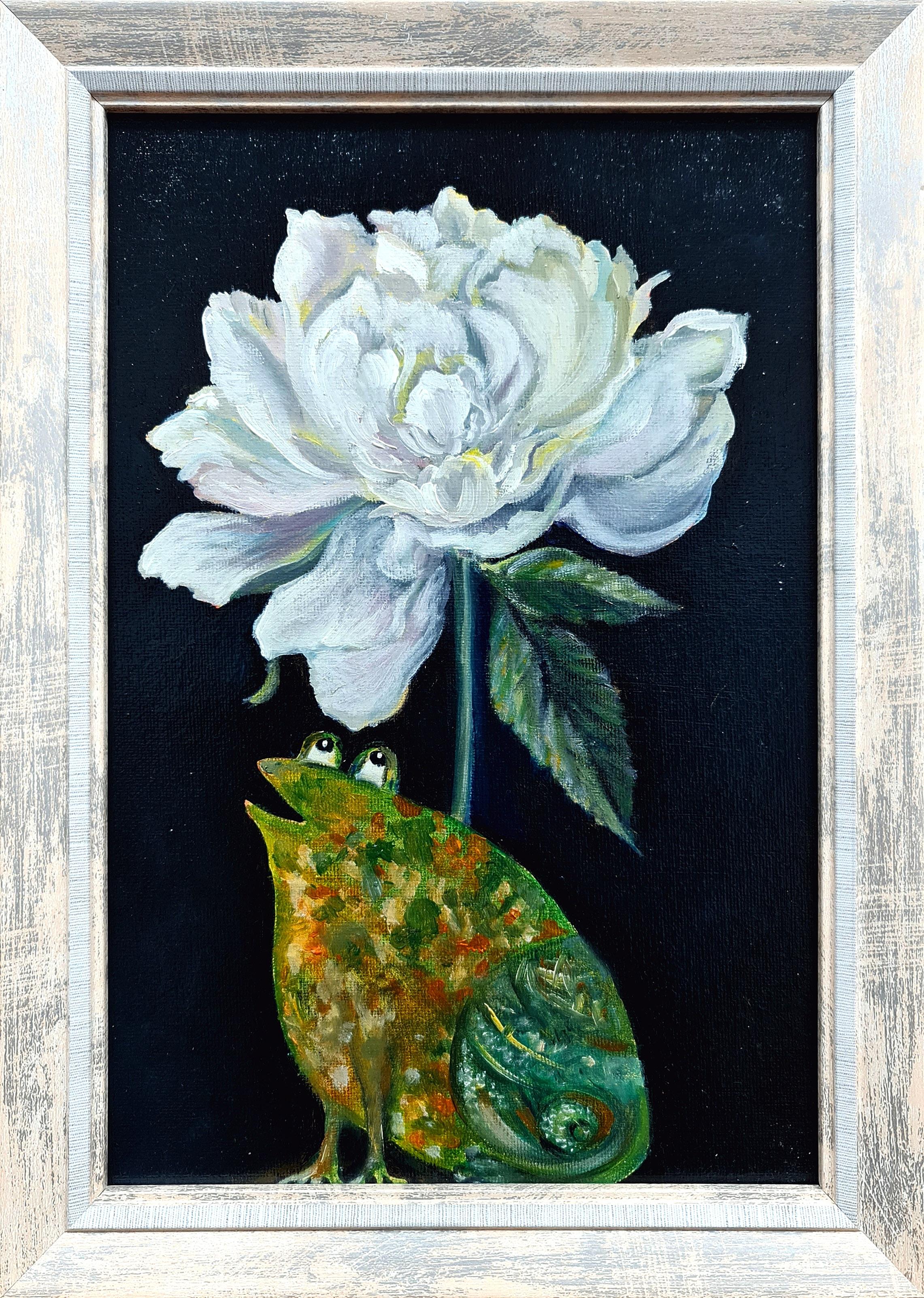 Animal Painting de Lilya Volskaya - El animalismo "Rana y Peonía" es una pintura al óleo de la Volskya Lilya.