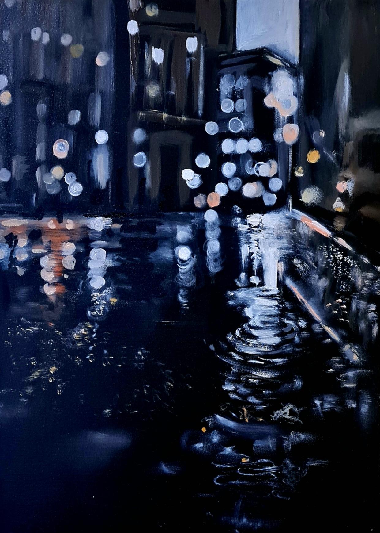 Lilya Volskaya Landscape Painting - "Gothem City Lights in Colors" Original Oil Painting by Lilia Volskaya