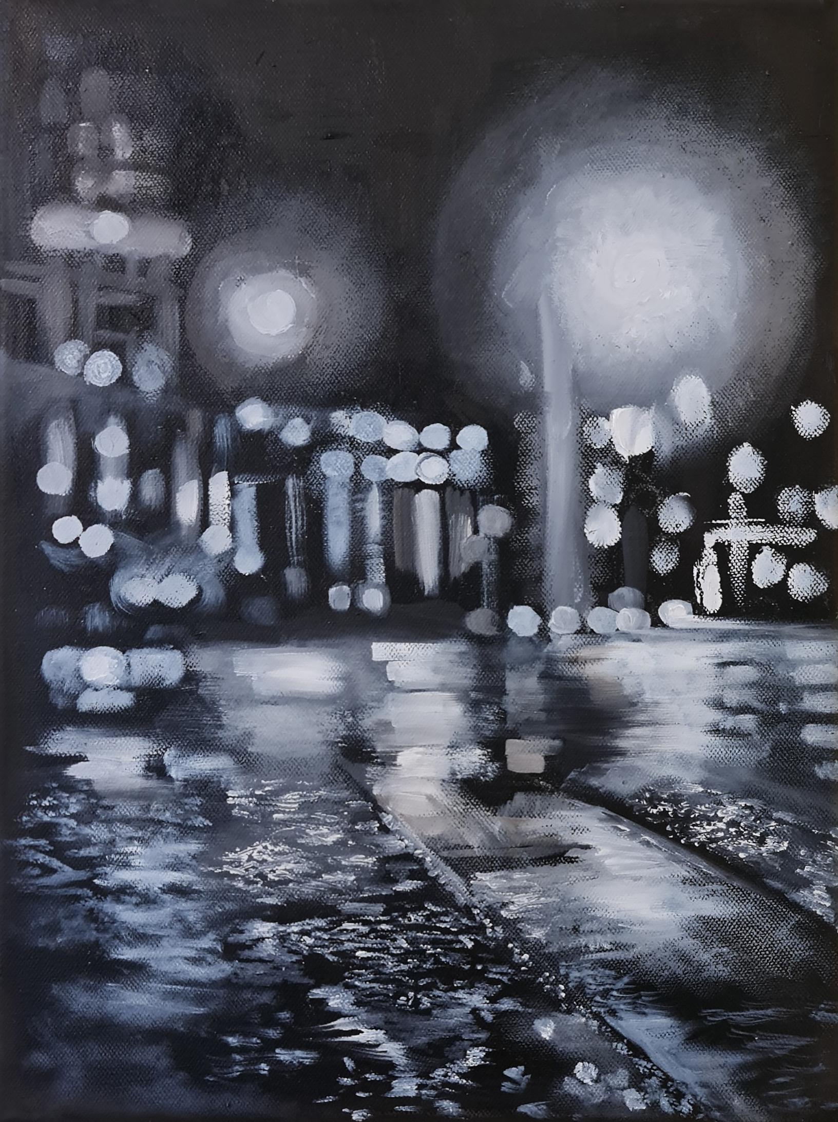 Lilya Volskaya "Gothem City Lights in Grey" Original Oil Painting by