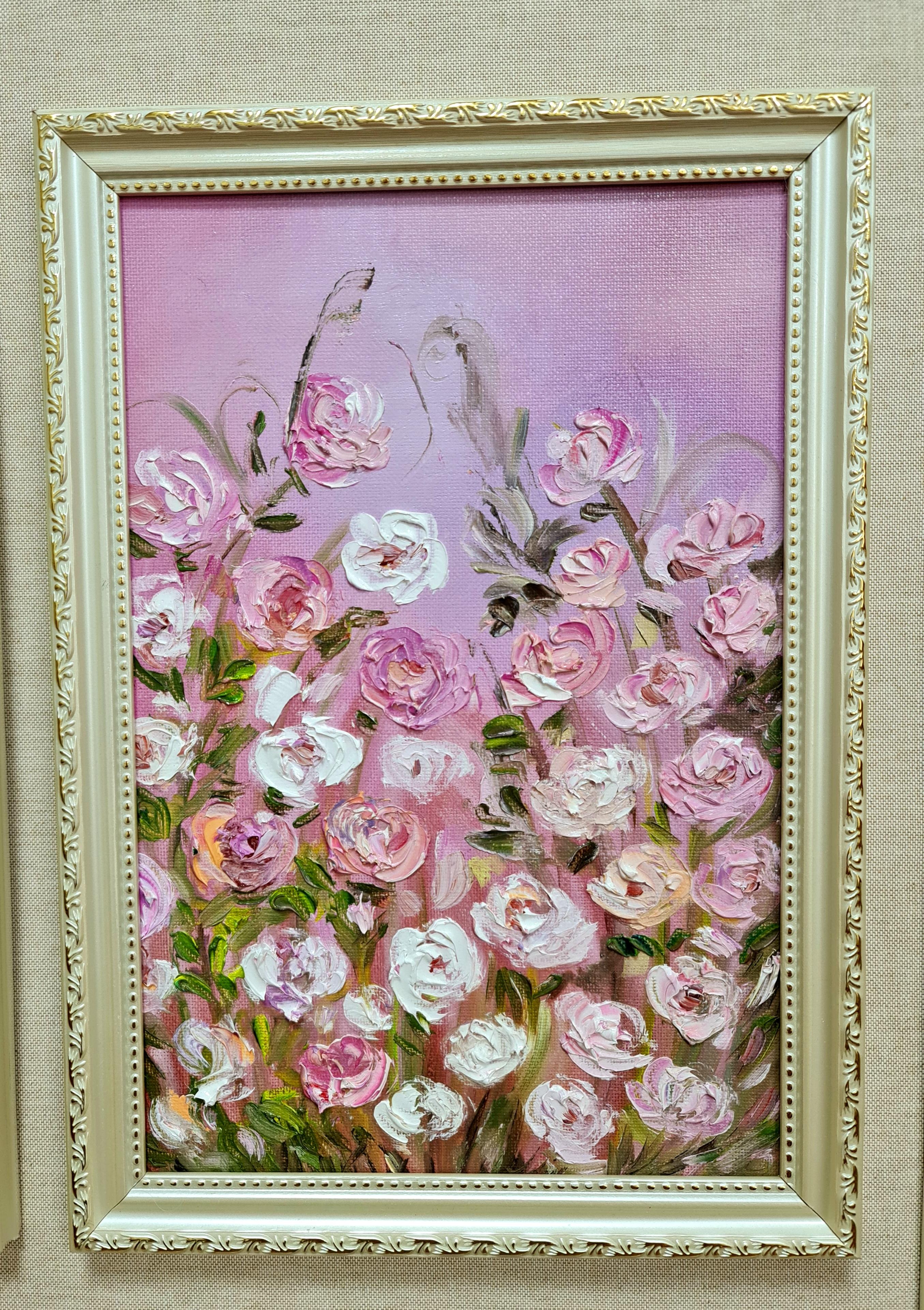 Lirios y nenúfares. Un estanque sombreado. Un tríptico al estilo de Monet. - Landscape Painting Beige de Lilya Volskaya