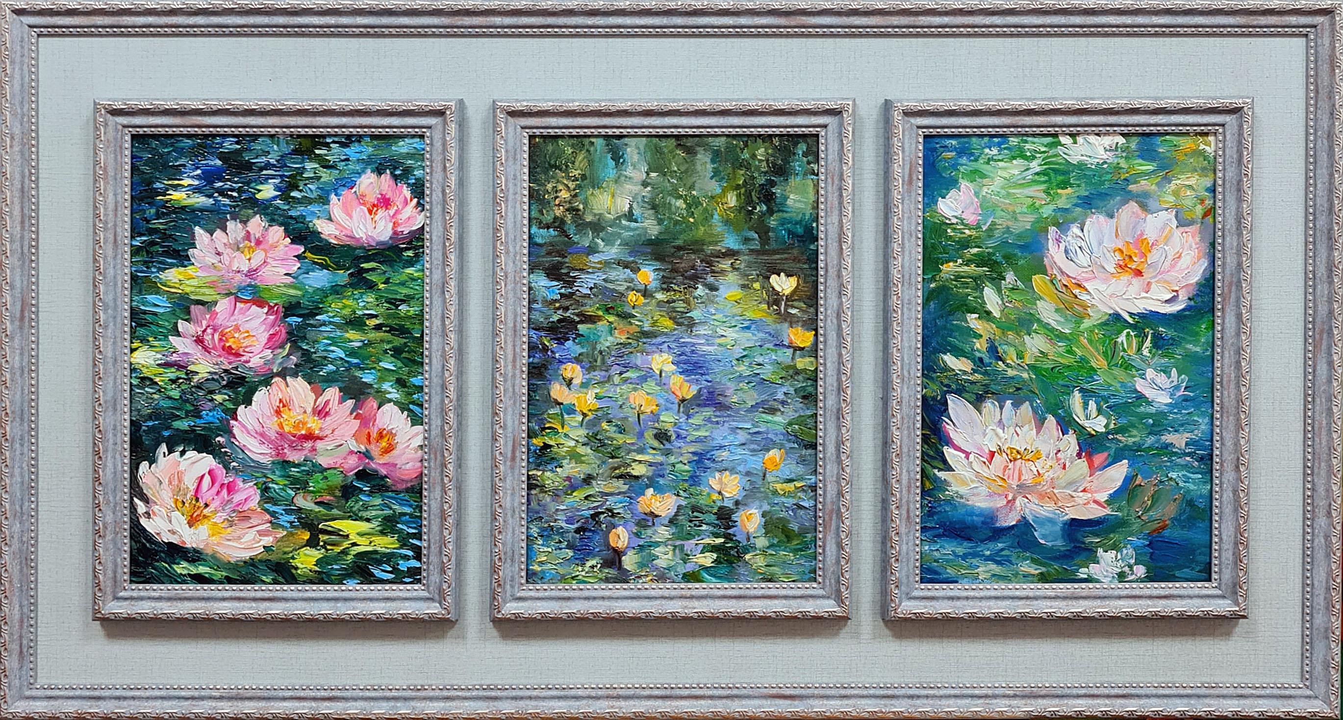 Gigli e ninfee. Un laghetto ombreggiato. Un trittico in stile Monet. 4